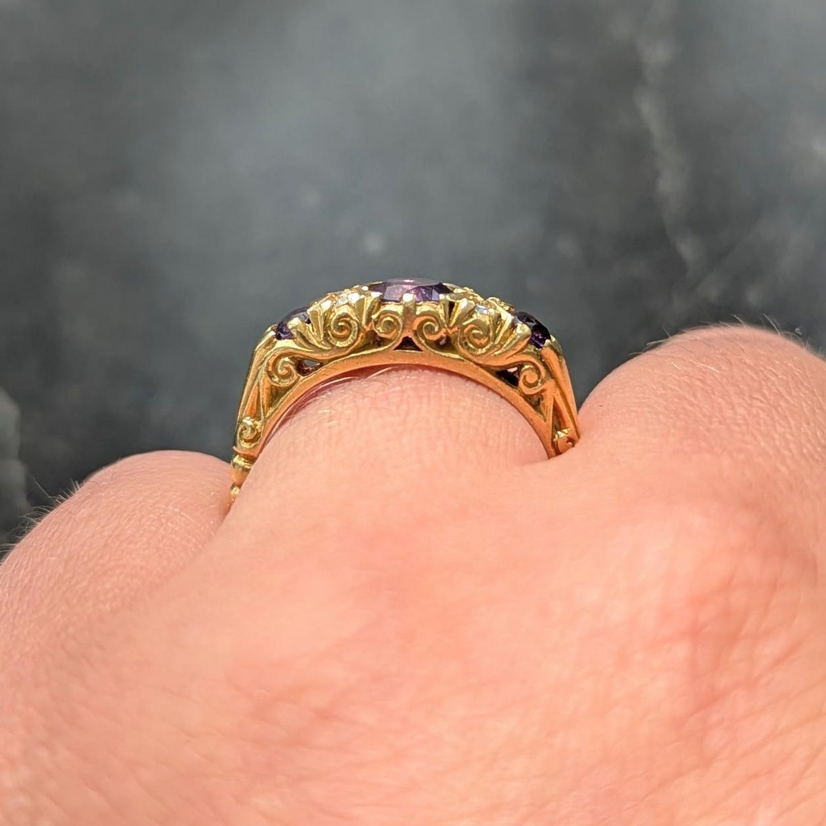 1960s Amethyst Diamond 18 Karat Yellow Gold Vintage Scrolling Ring