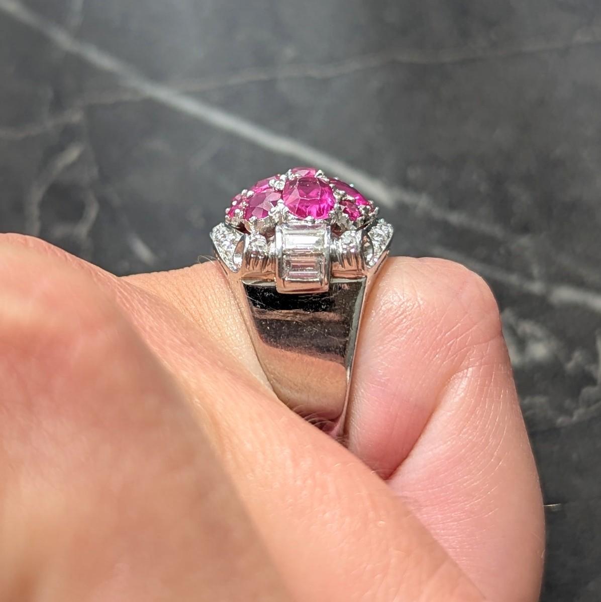 Mid-Century 5.29 CTW Ruby Diamond Platinum Vintage Scrolling Cluster Ring