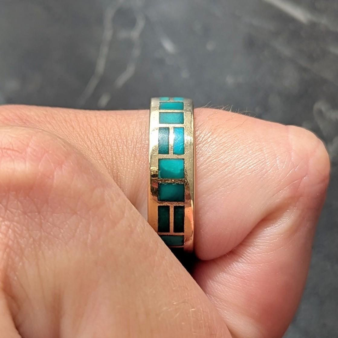 Zuni Sheldon & Nancy Westika 1981 Turquoise 14K Gold Vintage Inlay Band Ring