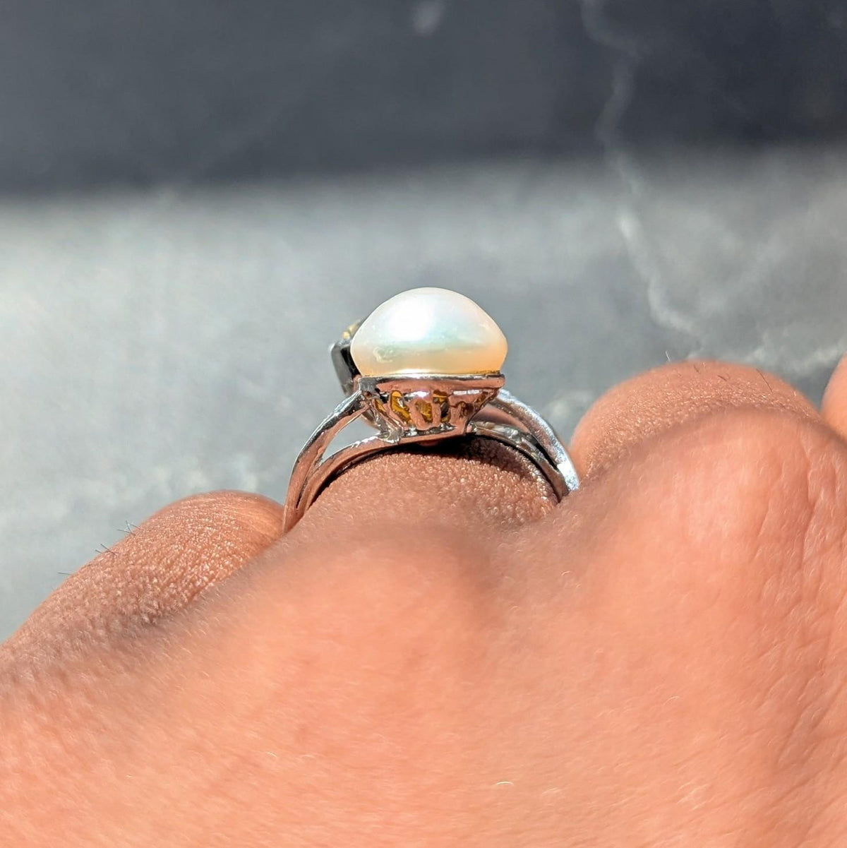 Mid-Century 3.52 CTW Diamond Natural Pearl Platinum Toi-Et-Moi Vintage Ring GIA