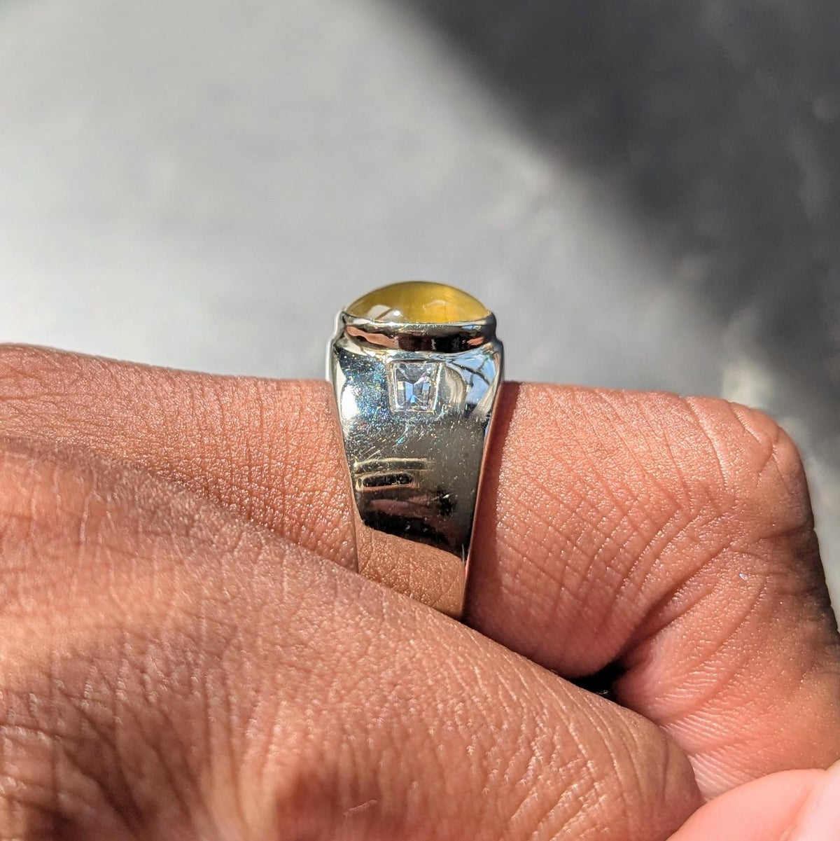 1960's Cat's Eye Chrysoberyl Diamond 14 Karat White Gold Three Unisex Stone Ring