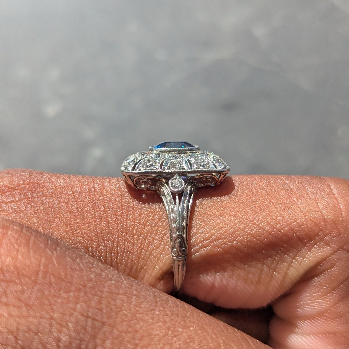 Edwardian Sapphire Diamond Platinum Scrolling Filigree Antique Dinner Ring