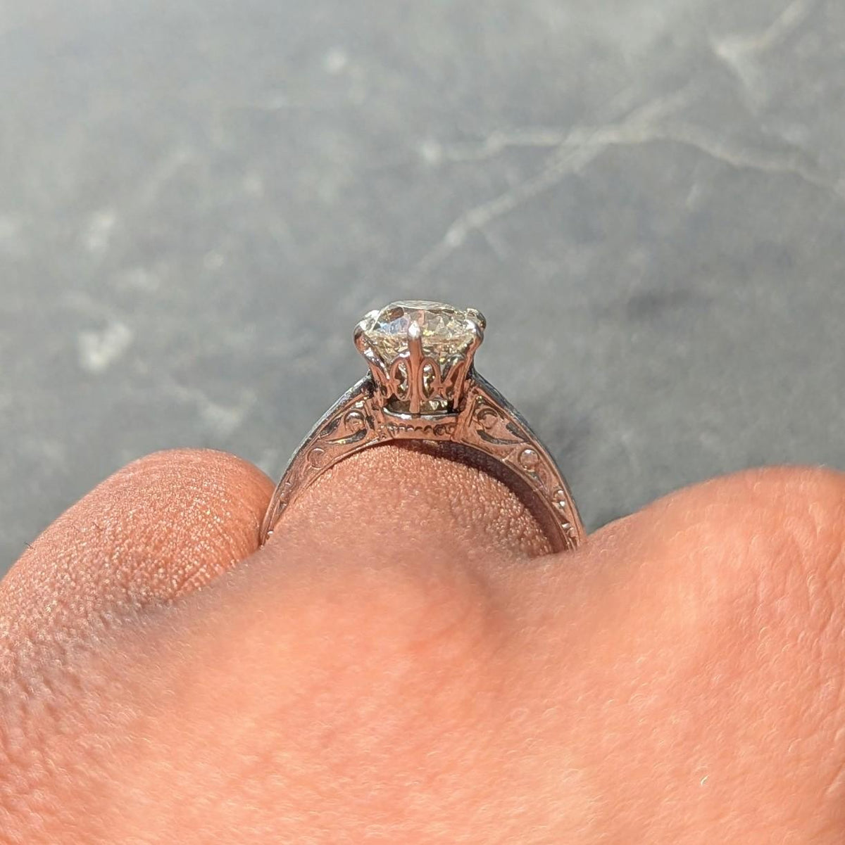 Art Deco Old Mine Diamond 14K Gold Vintage Scrolling Solitaire Engagement Ring