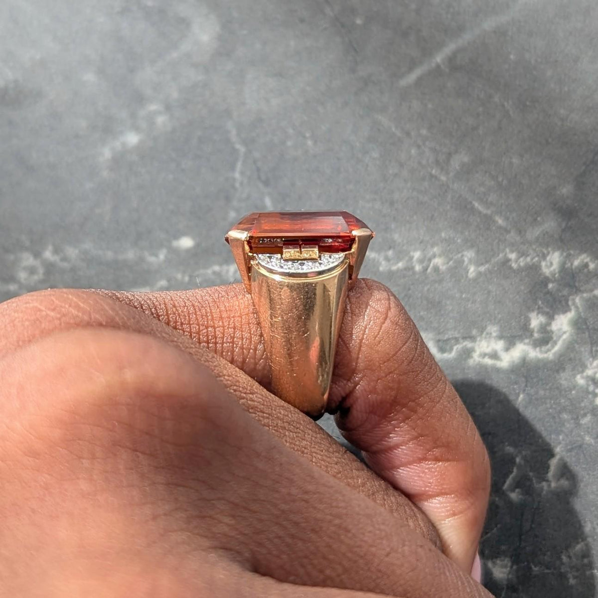 French 1939 Citrine Diamond 18 Karat Rose Gold Platinum Vintage Cocktail Ring