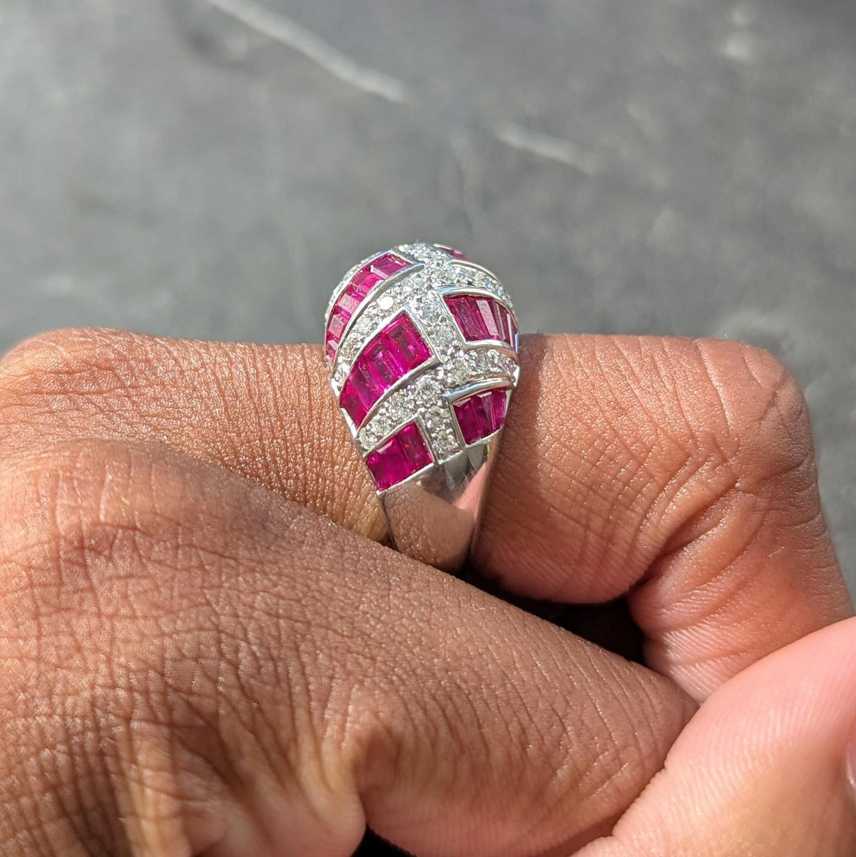 Contemporary 6.36 CTW Ruby Diamond 18 Karat White Gold Dome Weave Ring