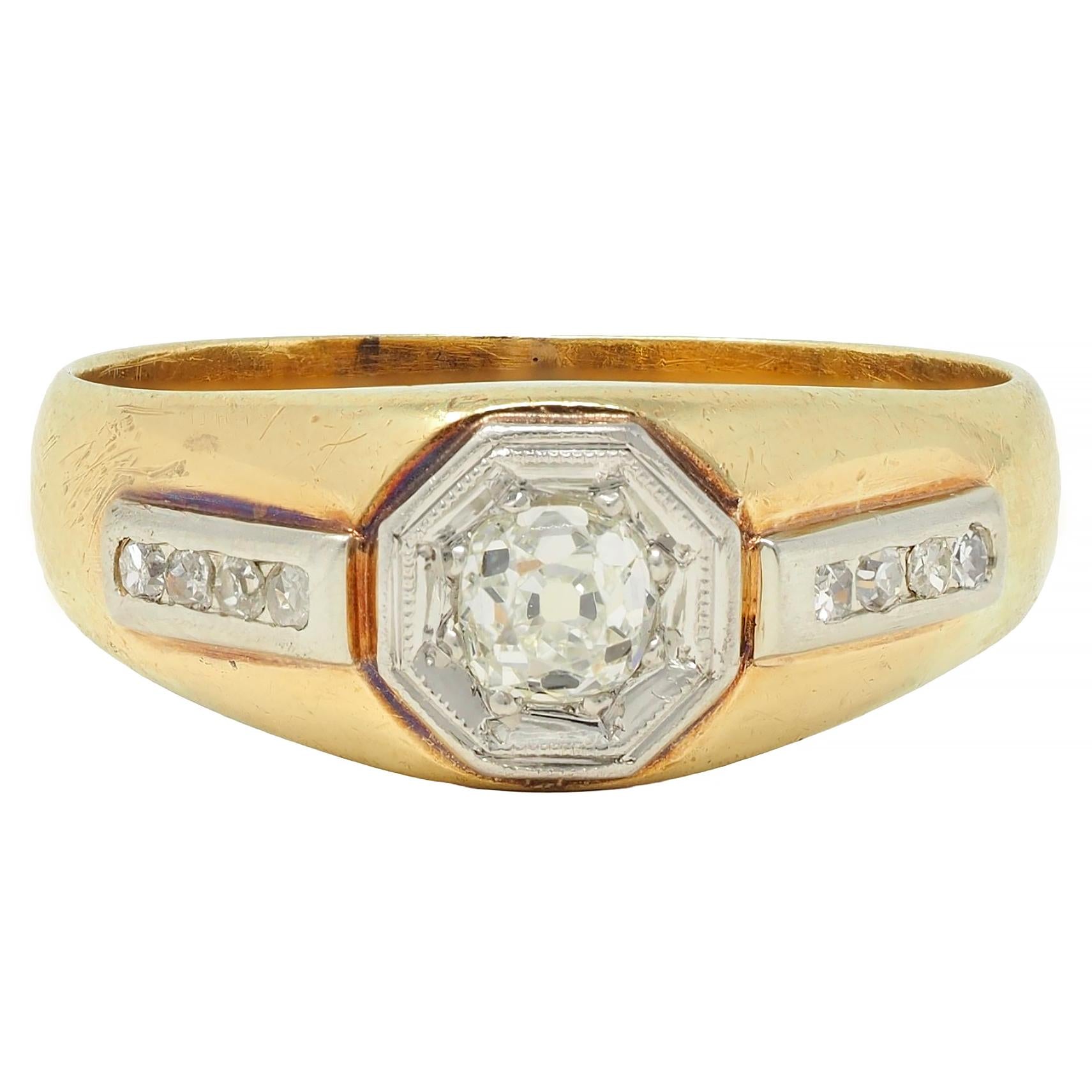 Art Deco Old Mine Cut Diamond Platinum 18K Yellow Gold Antique Engagement Ring