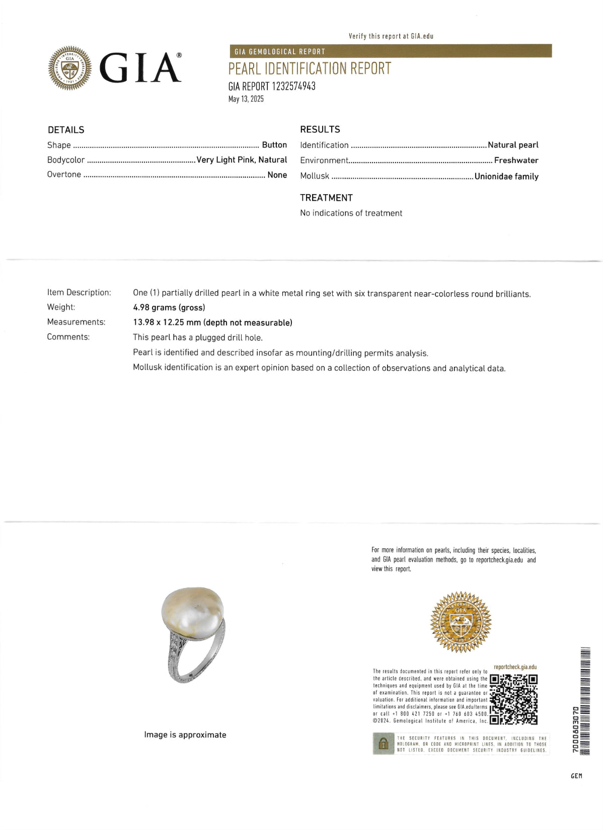 Fulmer Co. Art Deco Light Pink Natural Unionidae Pearl Diamond Platinum Antique Dinner Ring GIA