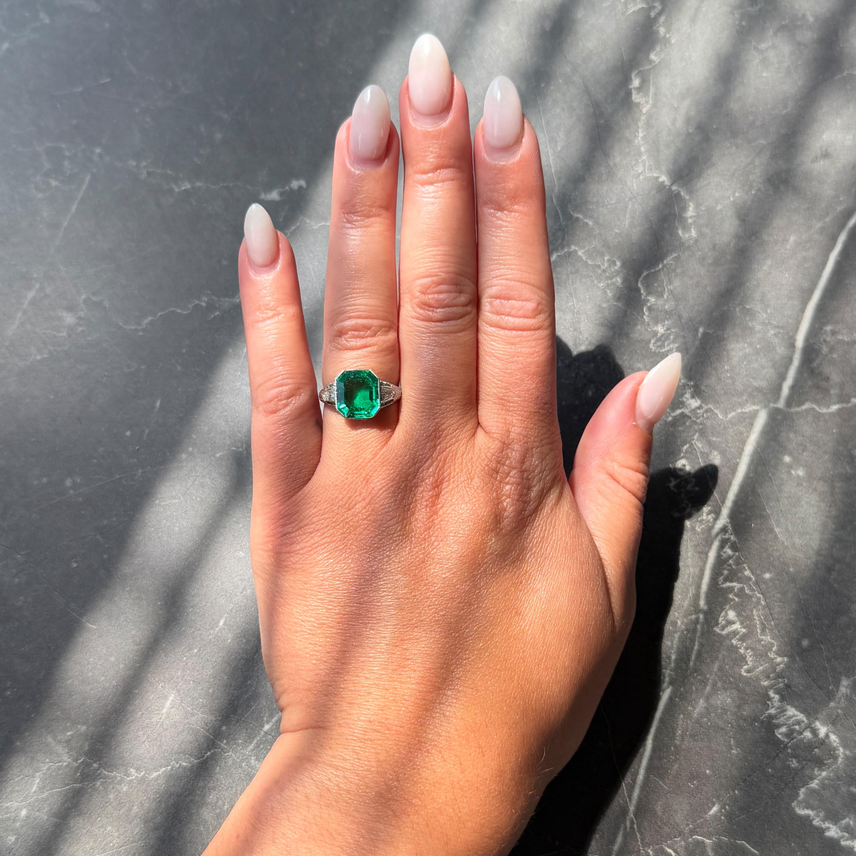 Art Deco 3.57 CTW Colombian Emerald Diamond Platinum Vintage Wheat Ring AGL