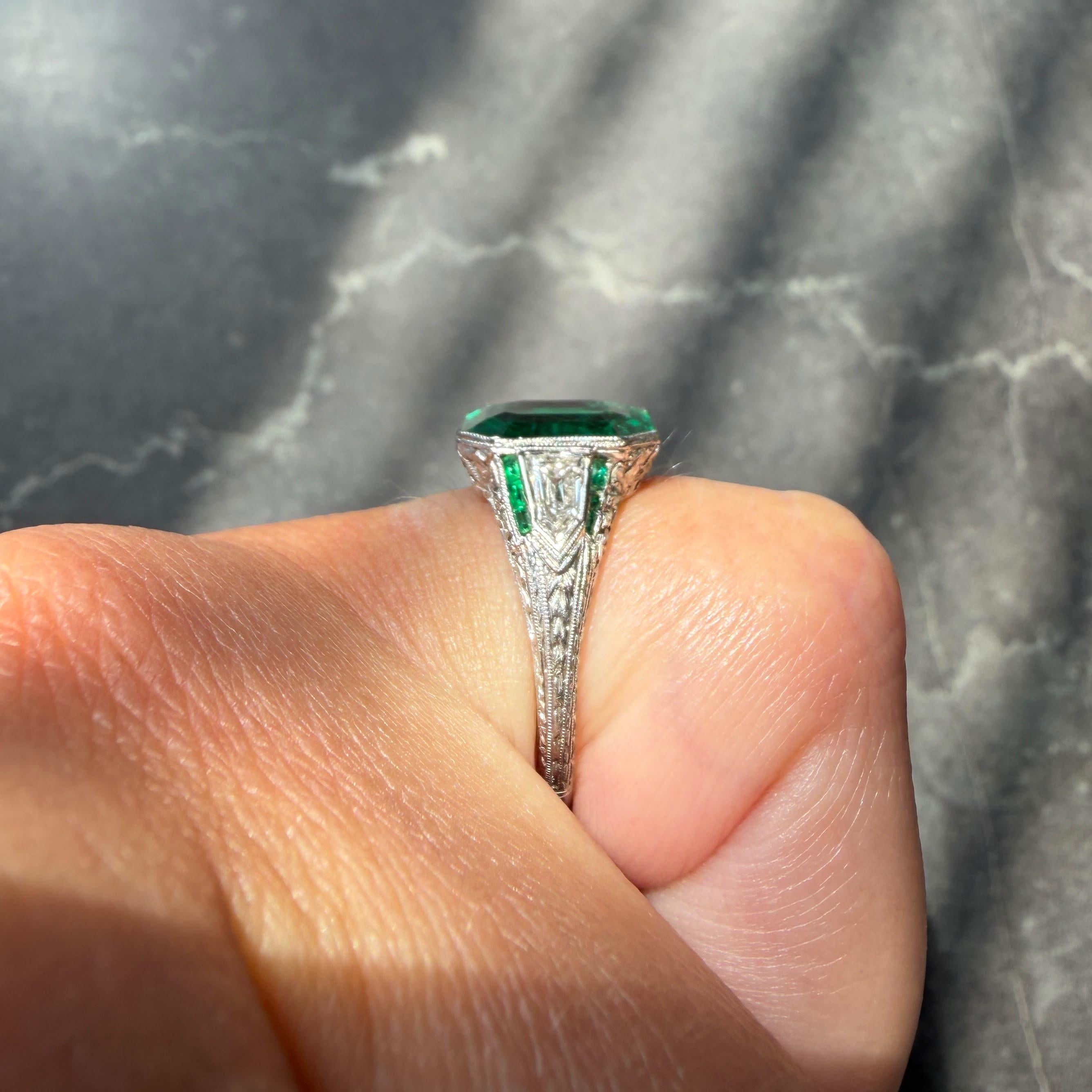 Art Deco 3.57 CTW Colombian Emerald Diamond Platinum Vintage Wheat Ring AGL
