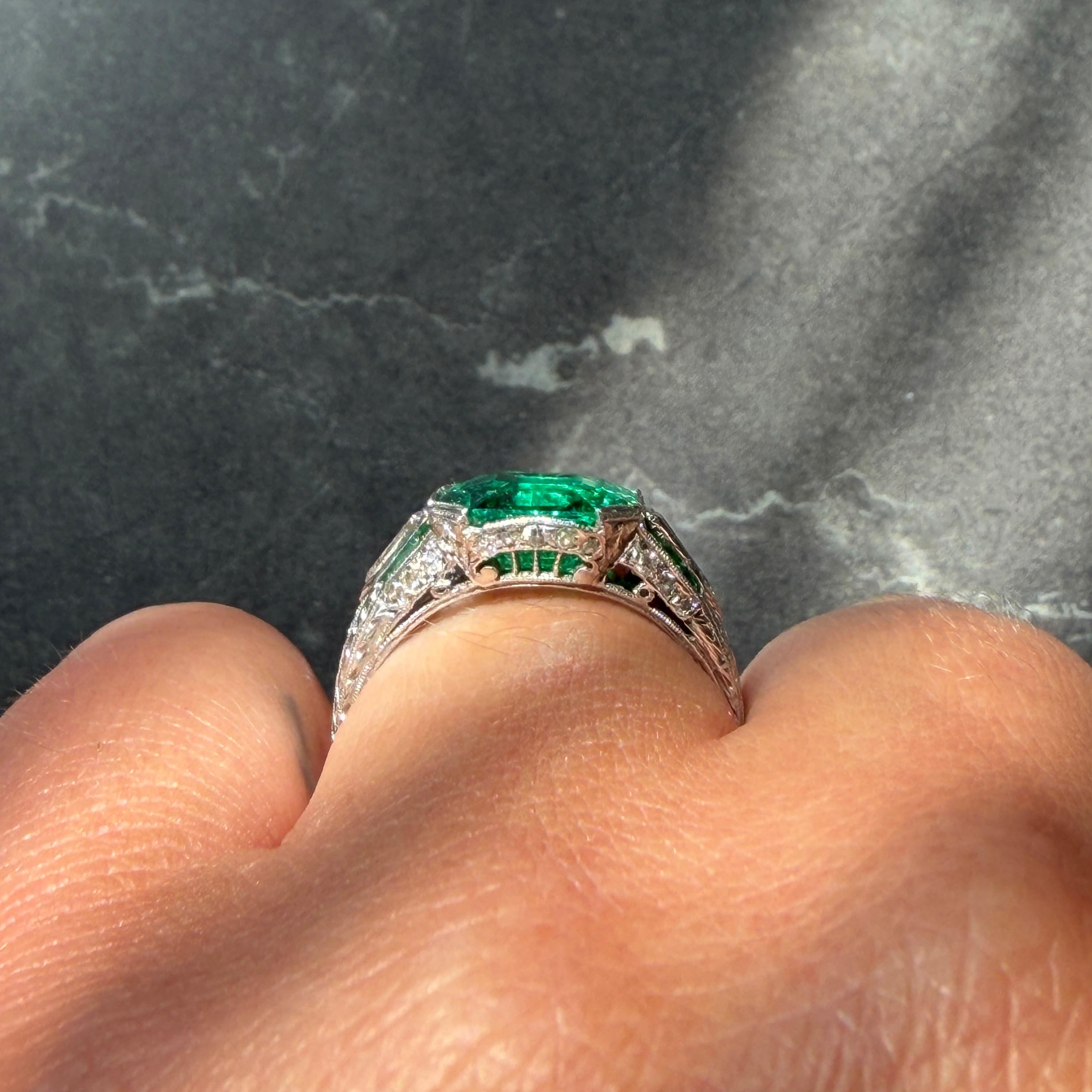 Art Deco 3.57 CTW Colombian Emerald Diamond Platinum Vintage Wheat Ring AGL