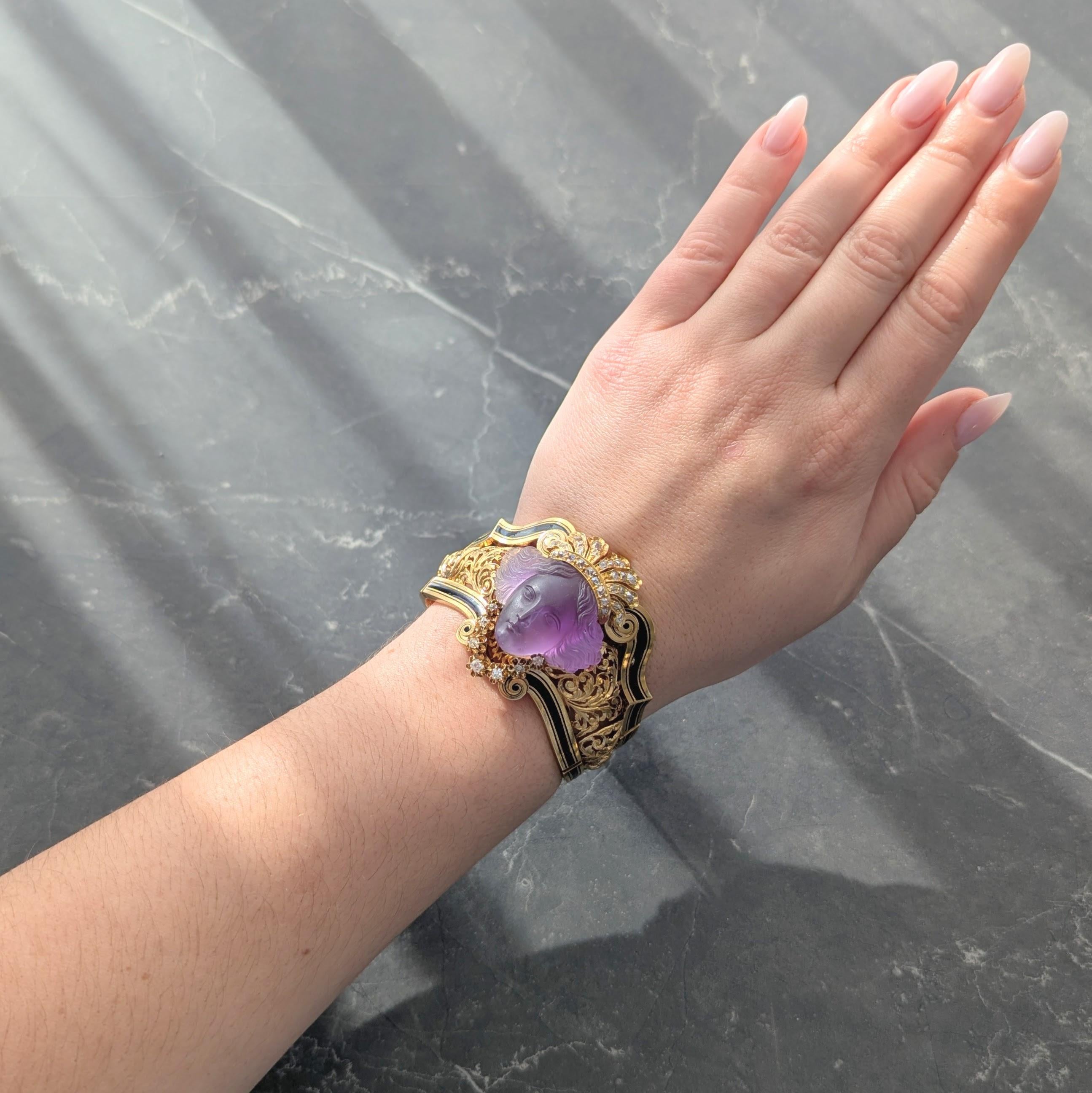 Victorian French Diamond Amethyst Enamel 18K Gold Carved Queen Bust Bracelet