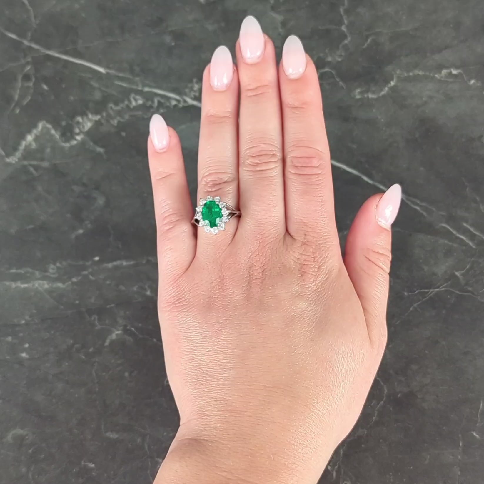 Mid-Century 2.80 CTW Emerald Diamond 14 Karat White Gold Vintage Halo Ring