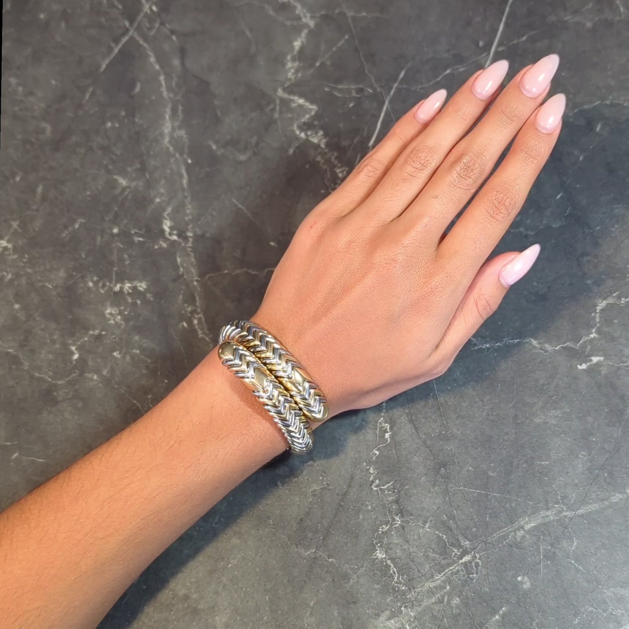 Bulgari 18K Gold Stainless Steel Spiga Chevron Wrap Vintage Bangle Bracelet