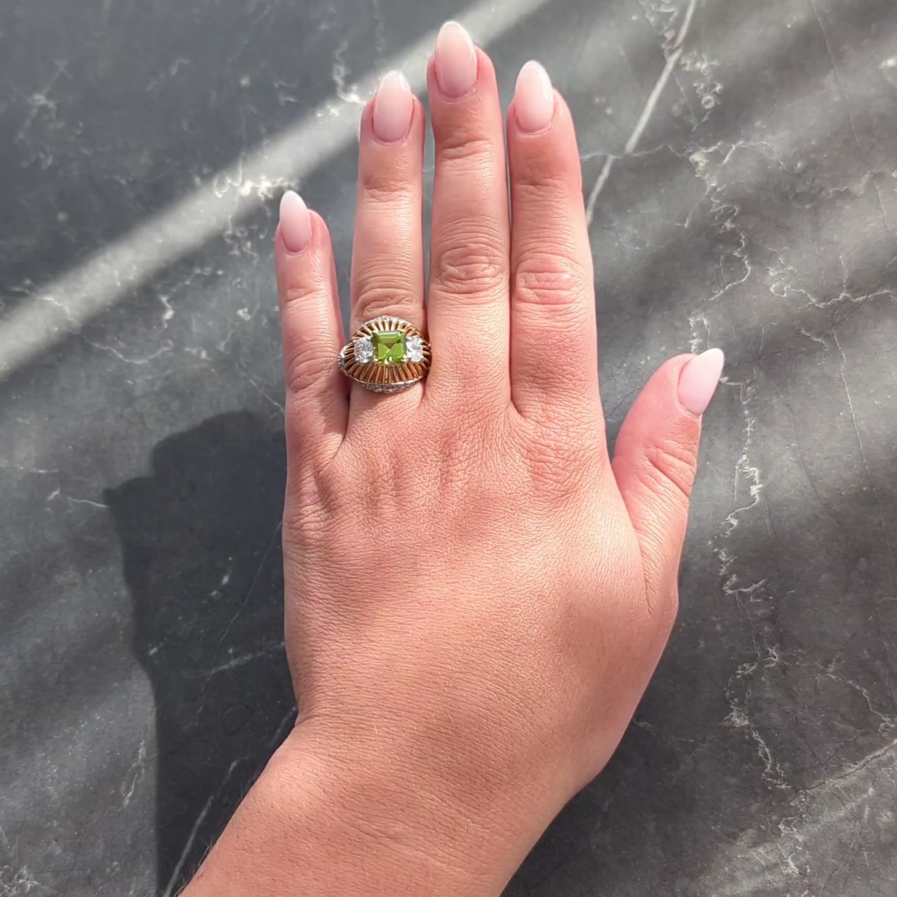 Cartier Retro 5.30 CTW Peridot Diamond Platinum 18K Gold Vintage Domed Ring