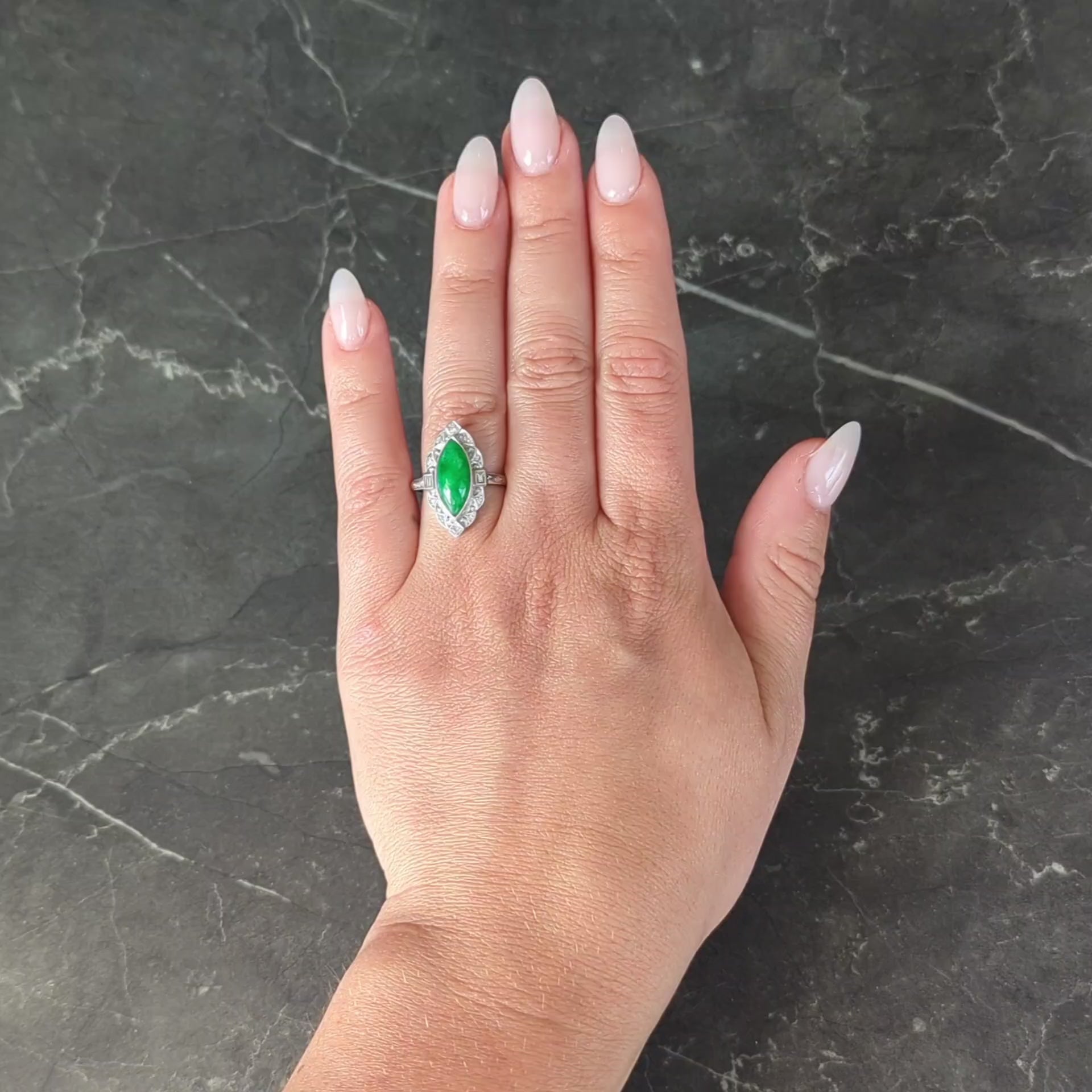 Art Deco Type A Jade 14 Karat White Gold Vintage Scrolling Navette Halo Ring GIA