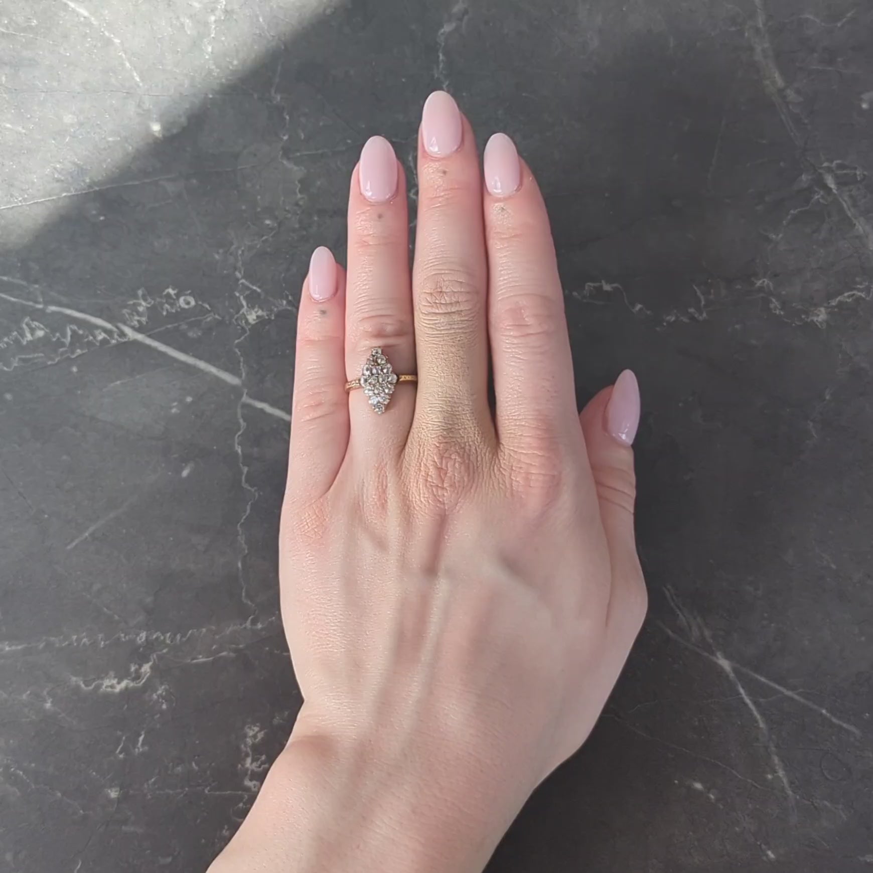 Victorian 0.96 CTW Old Mine Diamond 18 Karat Yellow Gold Antique Navette Ring