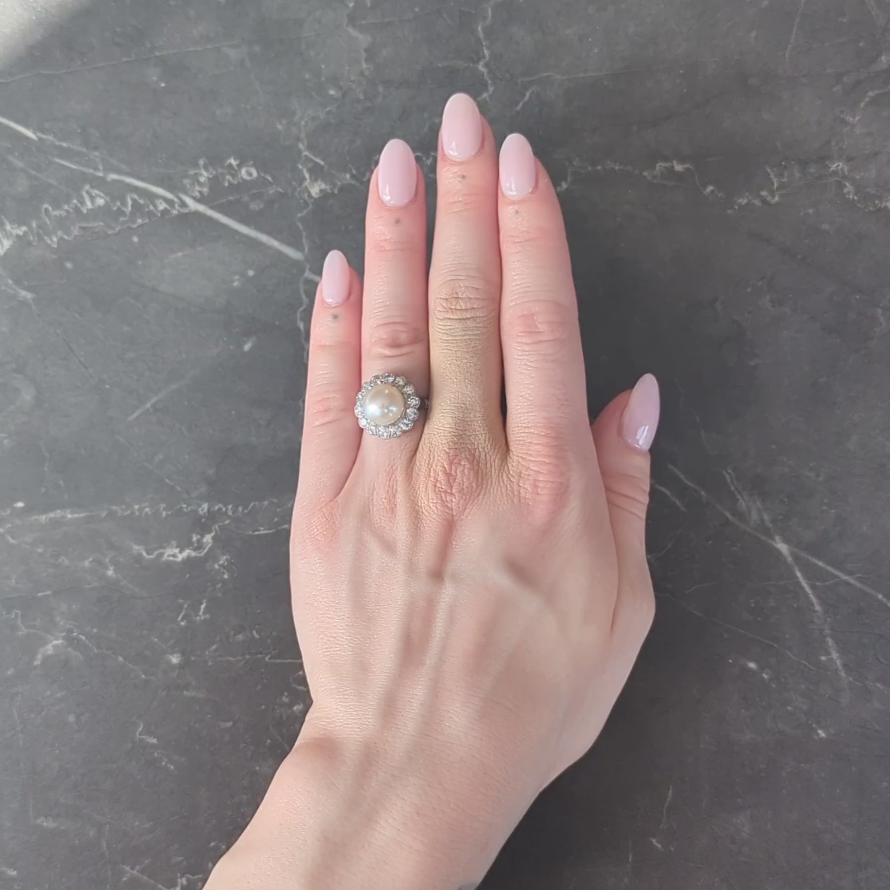 Mid-Century Pearl Diamond Platinum Vintage Halo Ring