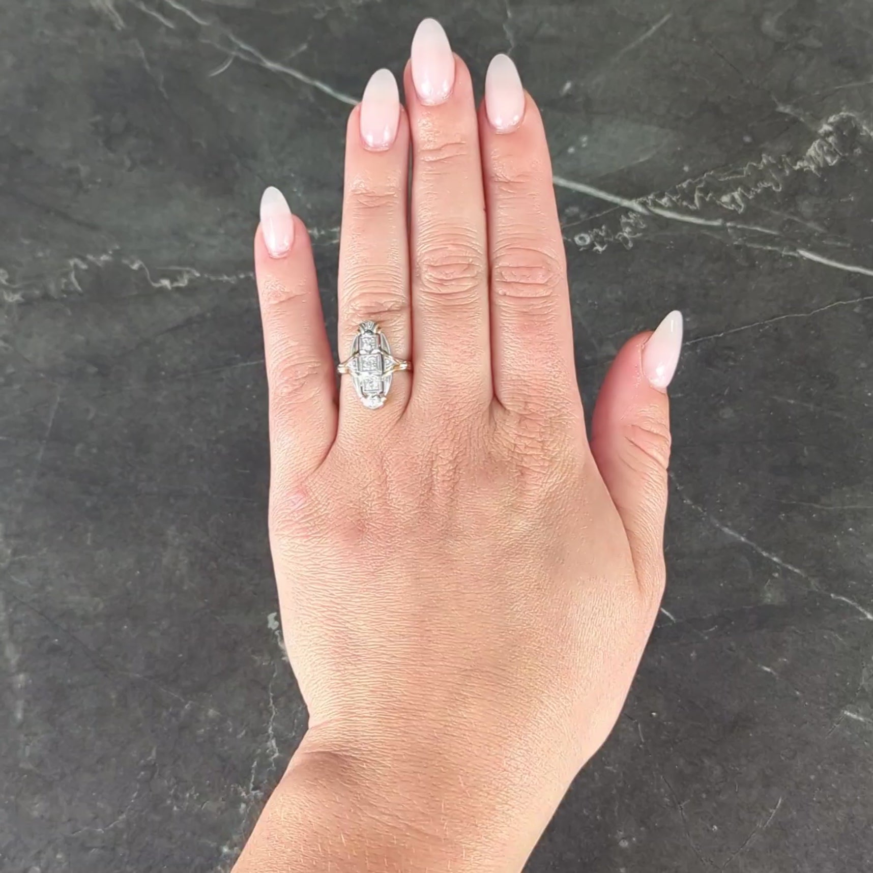 Art Deco Diamond Platinum 14 Karat Yellow Gold Vintage Navette Dinner Ring