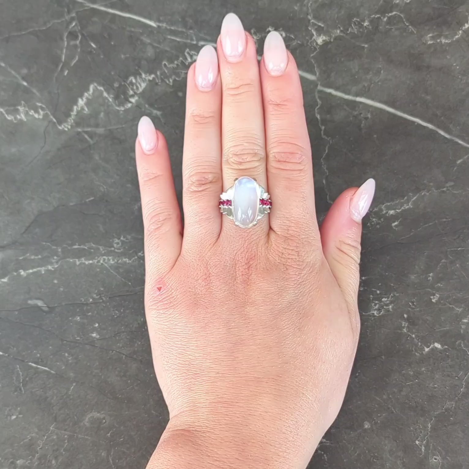 Mid-Century Moonstone Ruby Platinum Vintage Cocktail Ring