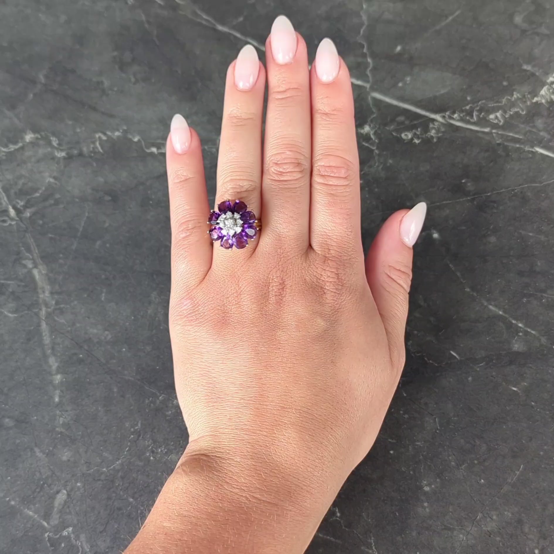 1960's 5.92 CTW Amethyst Diamond 14K Gold Vintage Cluster Cocktail Ring