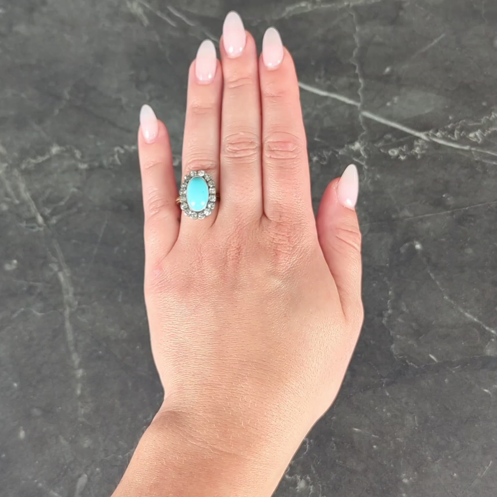 Early Victorian Diamond Turquoise Silver 14 Karat Yellow Gold Antique Halo Ring