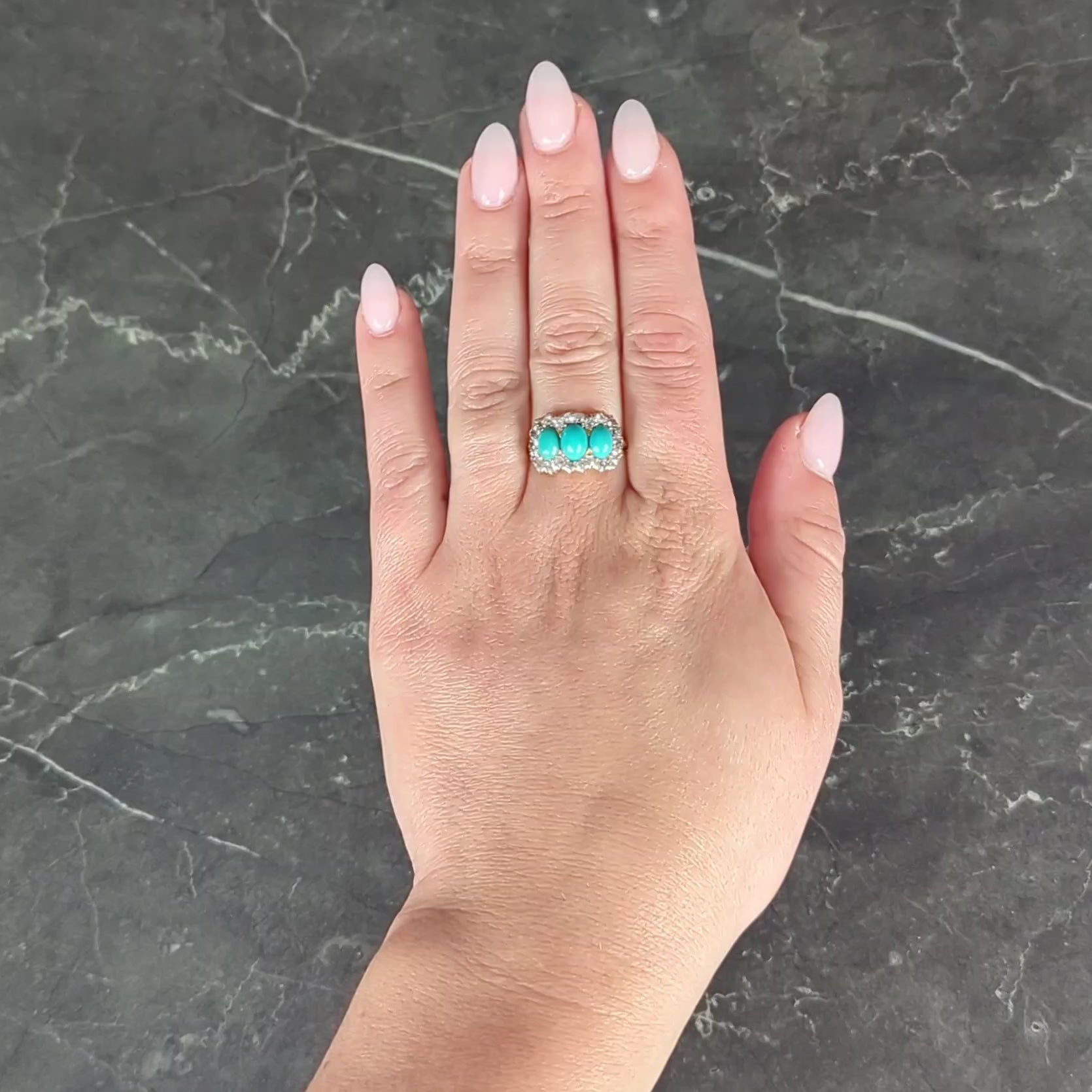 Victorian Diamond Turquoise 18 Karat Yellow Gold Antique Cluster Halo Ring