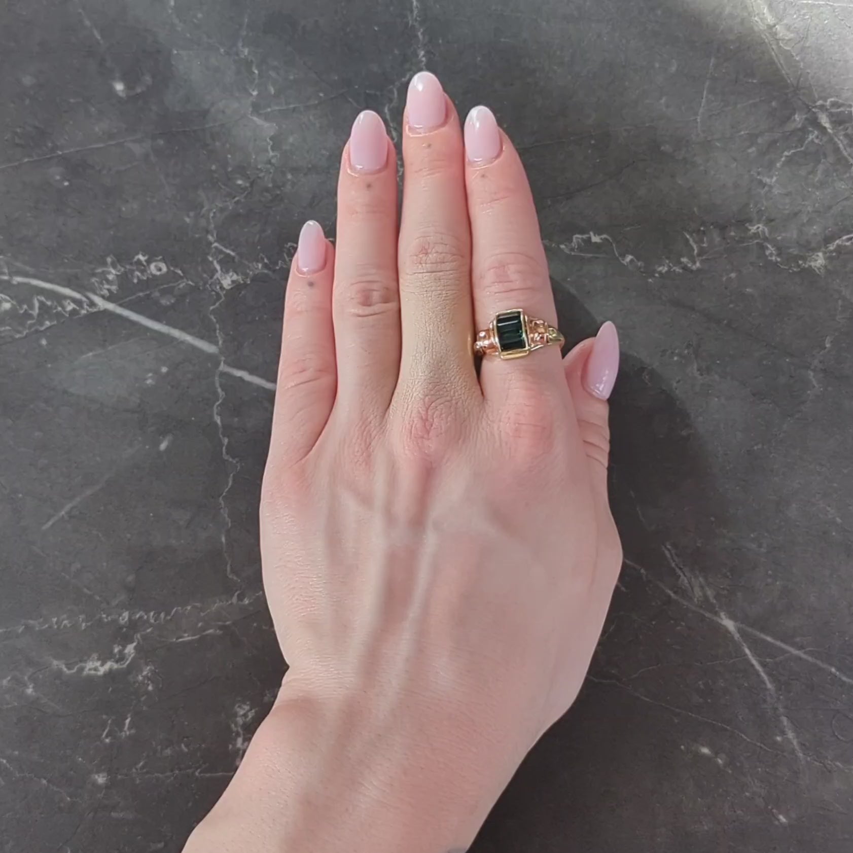 Retro French Tourmaline 14 Karat Two-Tone Gold Domed Vintage Tank Ring