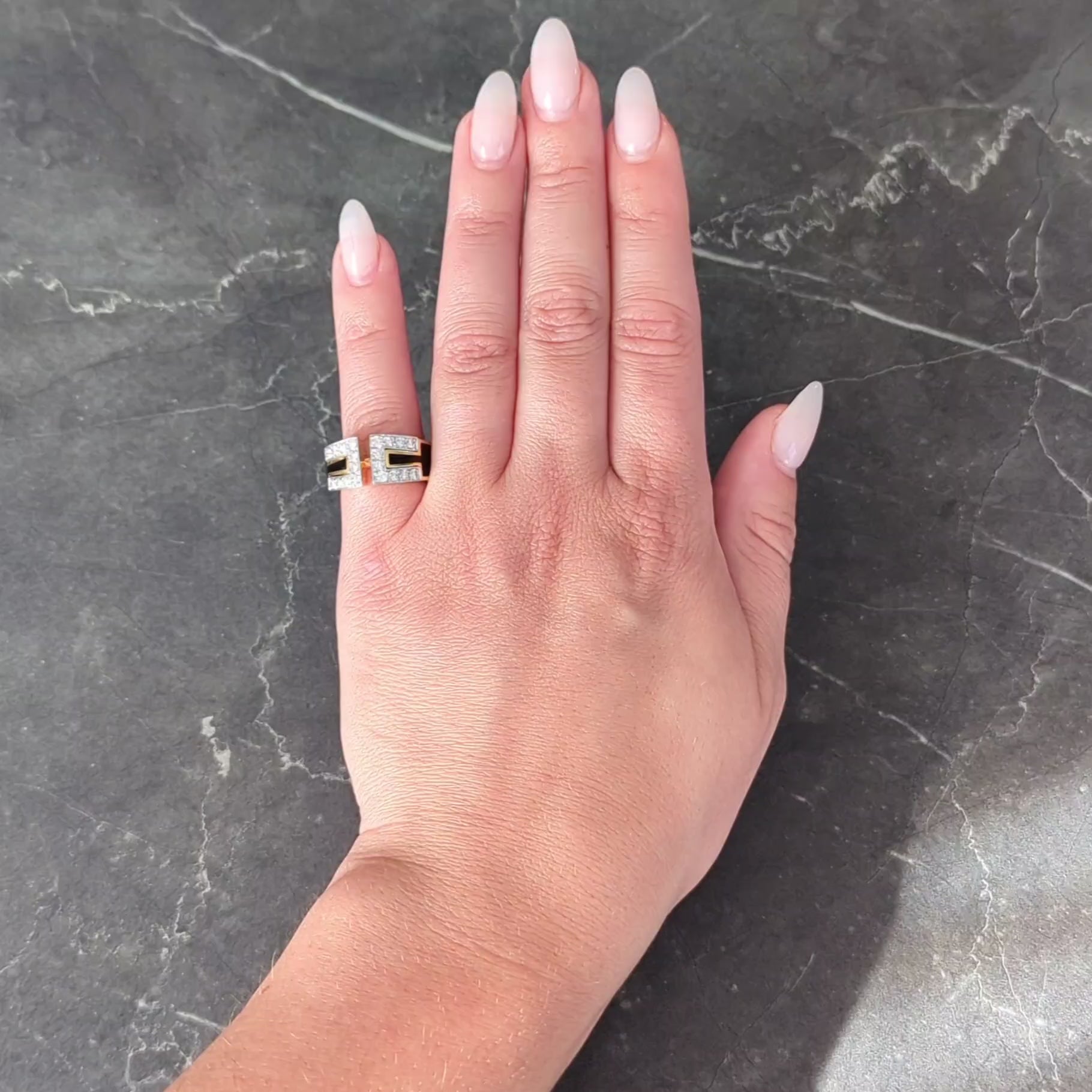 David Webb Diamond Black Enamel Platinum 18 Karat Yellow Gold Gap Ring