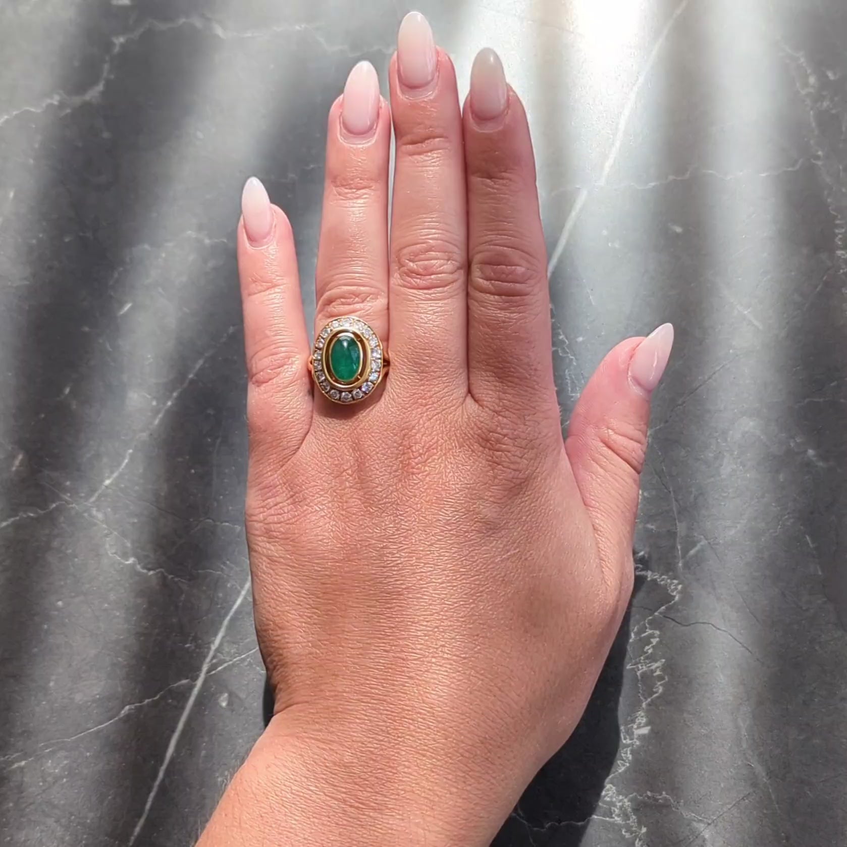 Cartier Paris 1960's Modern Cabochon Emerald Diamond 18K Gold Vintage Halo Ring