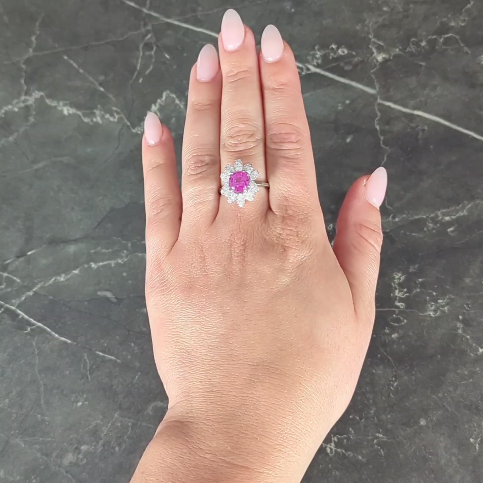 1950's 5.44 CTW Ceylon Pink Sapphire Diamond Platinum Vintage Cluster Ring GIA