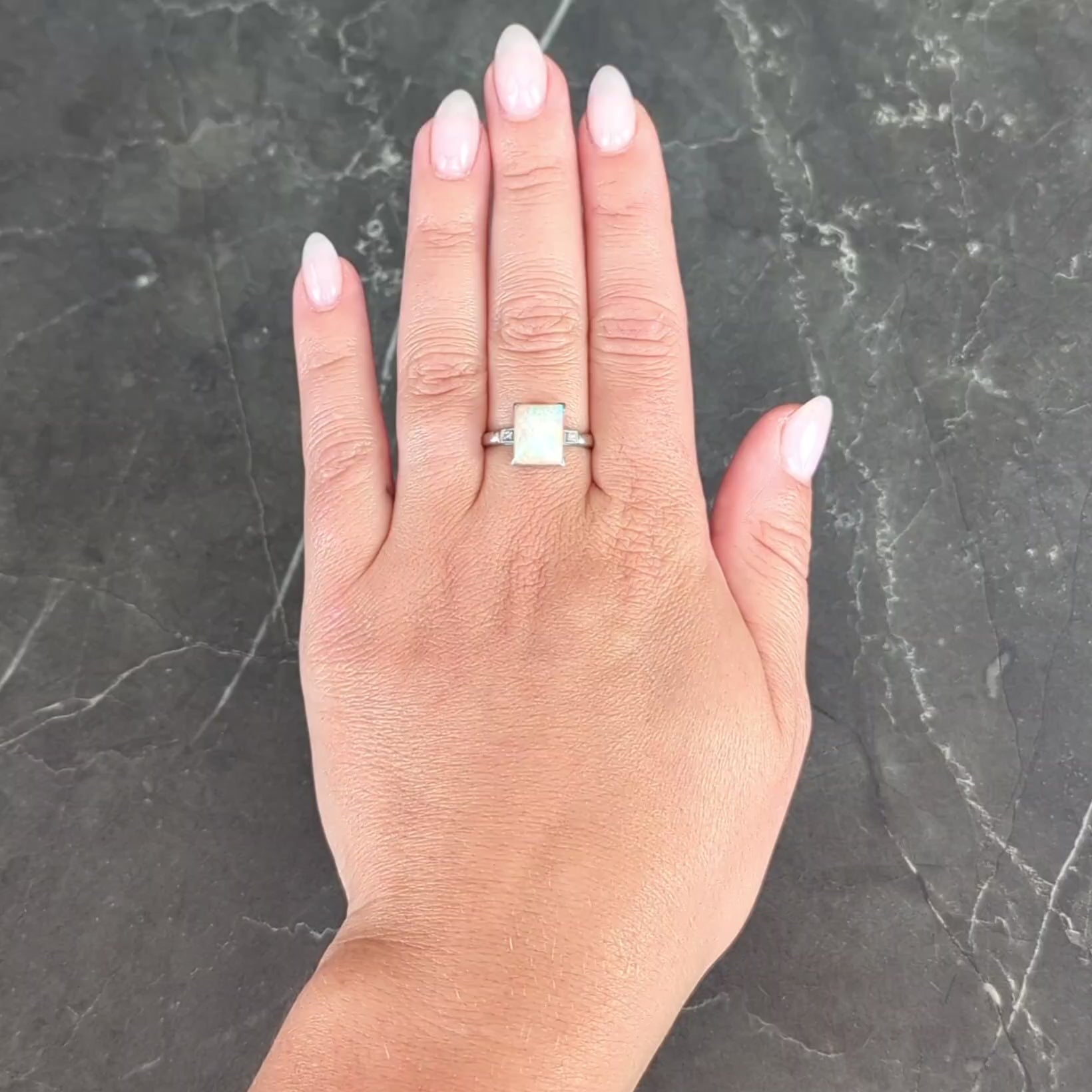 Baden & Foss Mid-Century Opal Diamond 14 Karat White Gold Vintage Ring