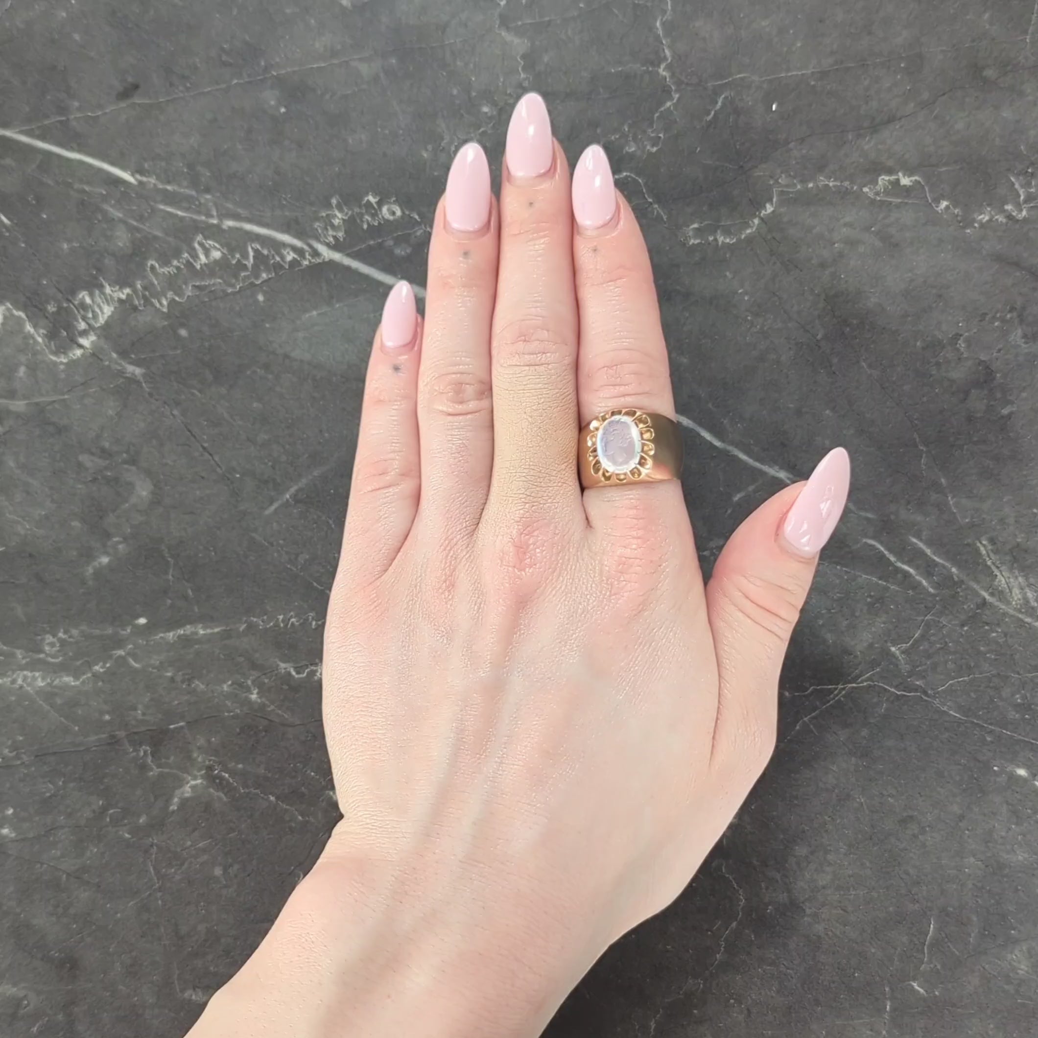 Victorian Moonstone Intaglio 14 Karat Yellow Gold Antique Belcher Unisex Ring