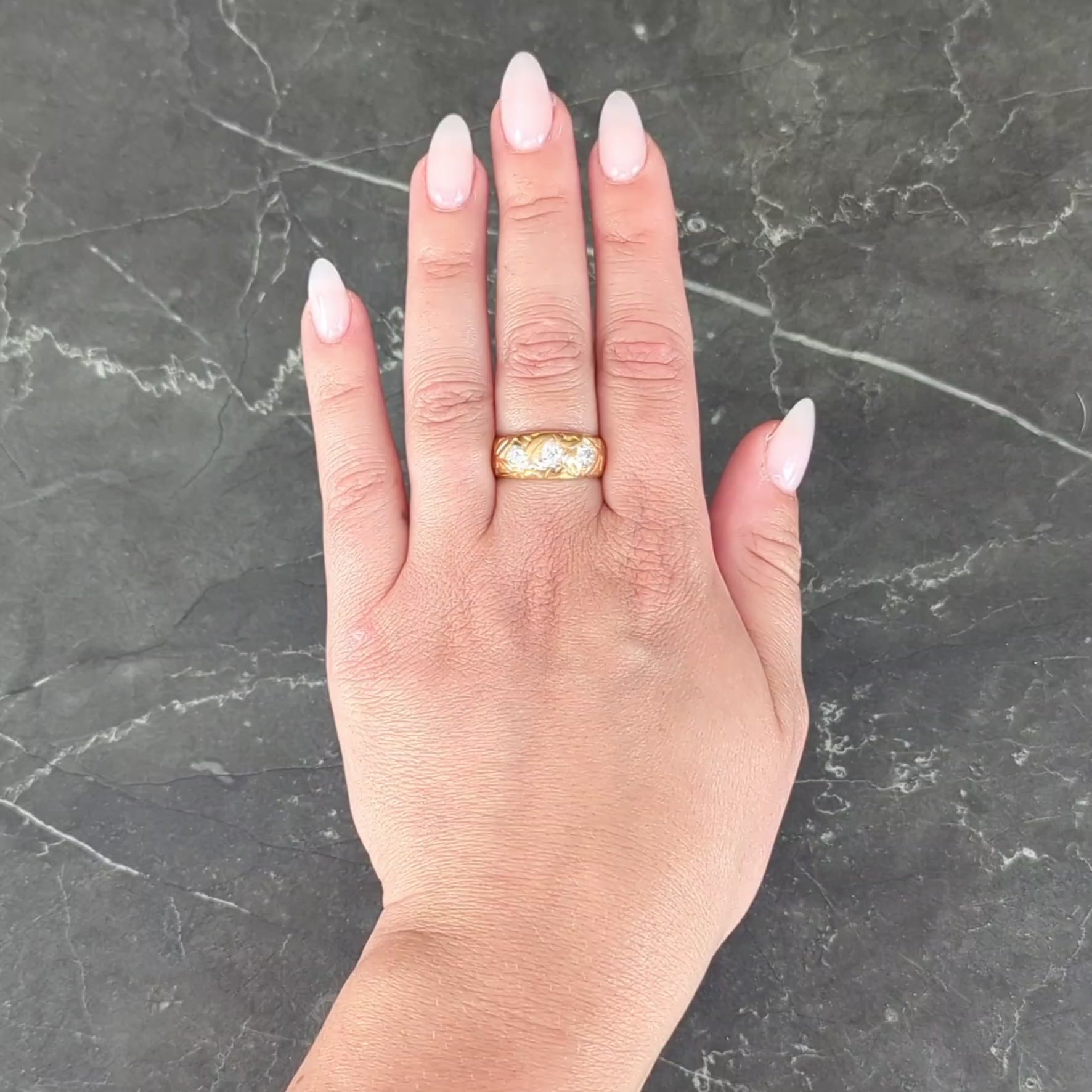 Victorian Diamond 18 Karat Yellow Gold Antique Floral Three Stone Band Ring