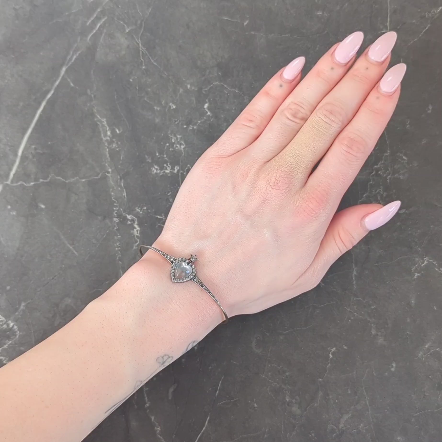 Victorian Moonstone Diamond 14K Gold Silver Heart Star Antique Bangle Bracelet