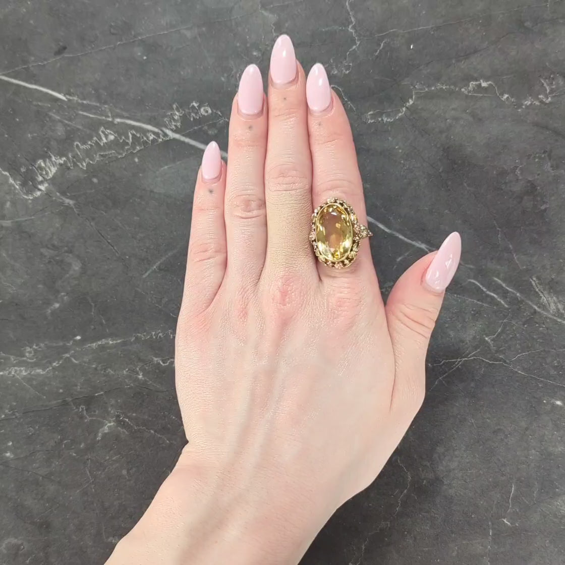 Art Deco 11.55 Citrine 14 Karat Two-Tone Gold Antique Grapevine Cocktail Ring