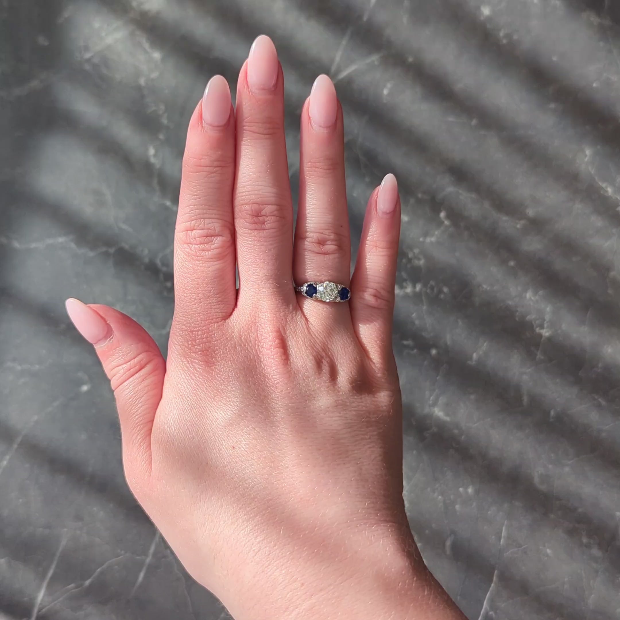 Edwardian 2.10 CTW Sapphire Diamond Platinum Antique Foliate Three Stone Ring