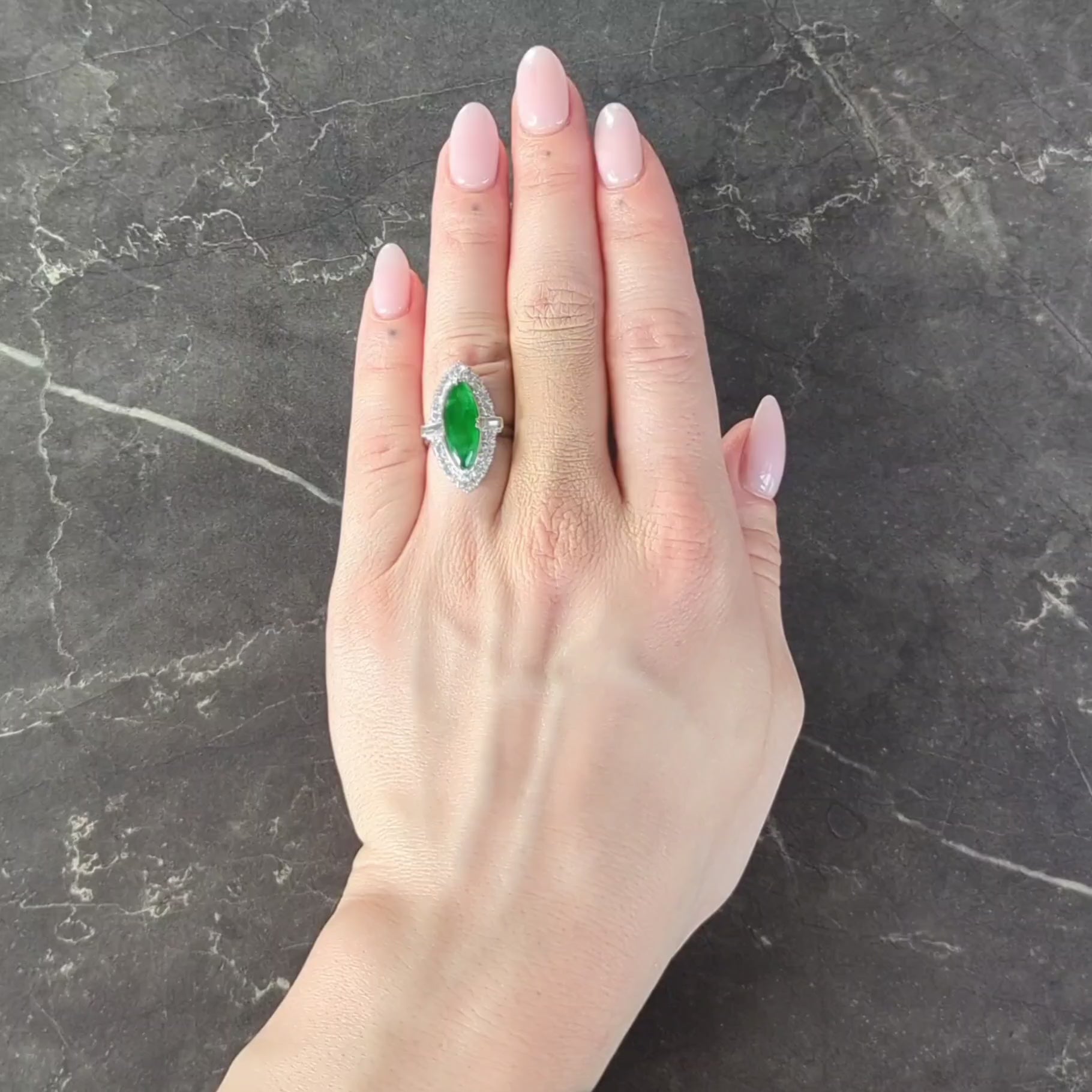 Mid-Century Jade Diamond Platinum Vintage Navette Halo Ring