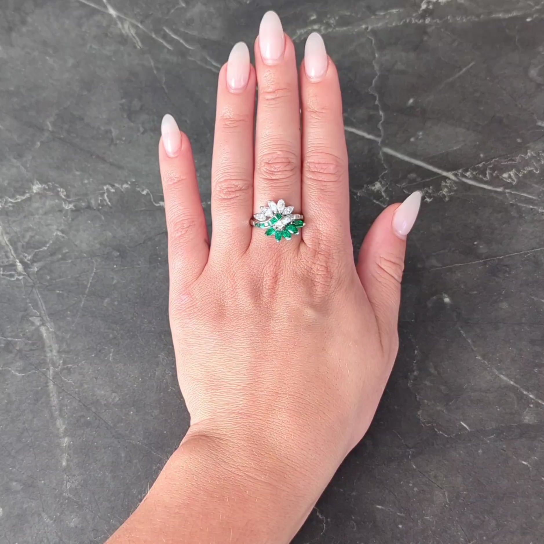 Mid-Century 2.16 CTW Emerald Diamond Platinum Vintage Fanning Bypass Ring