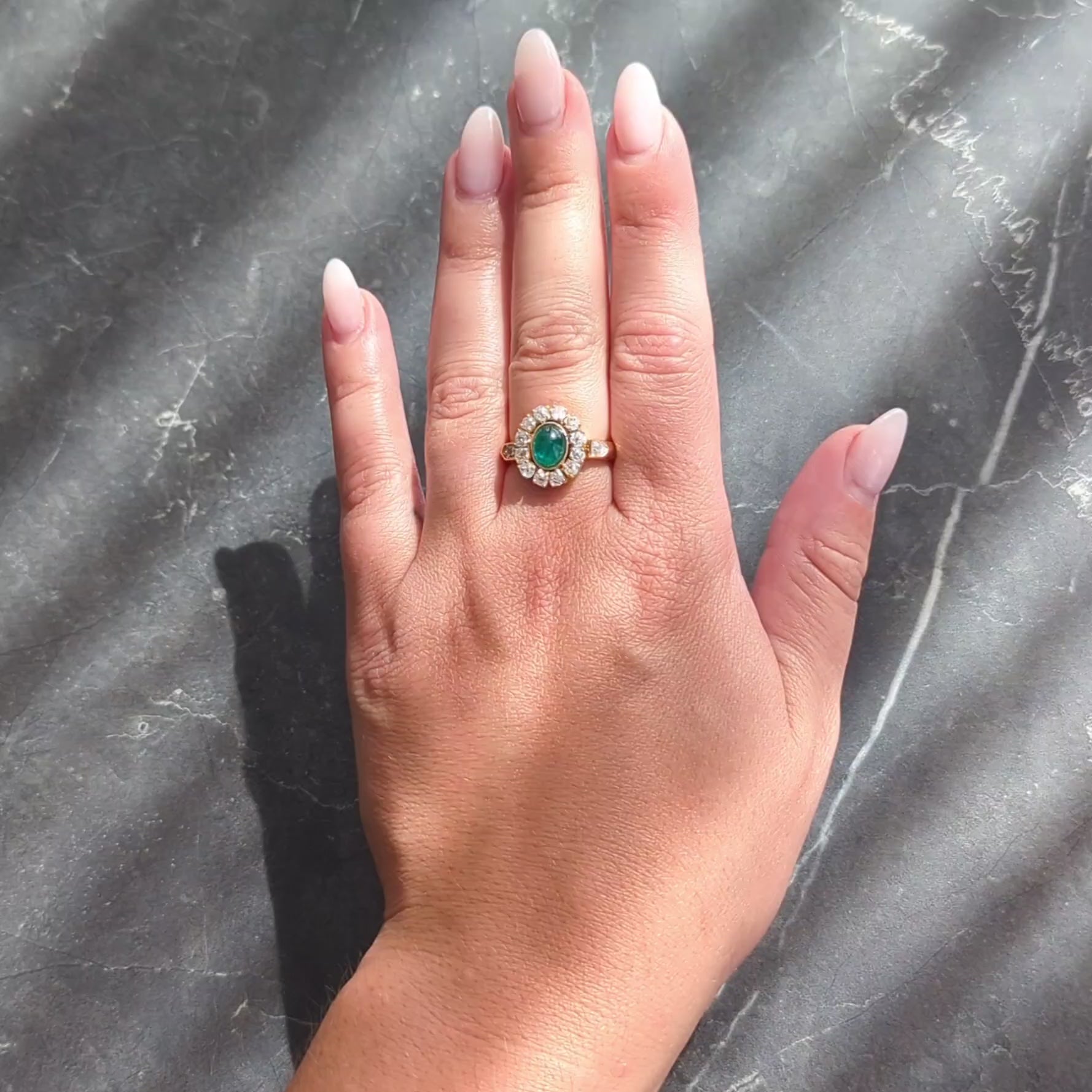 Modernist 2.46 CTW Emerald Diamond 14 Karat Yellow Gold Vintage Halo Ring