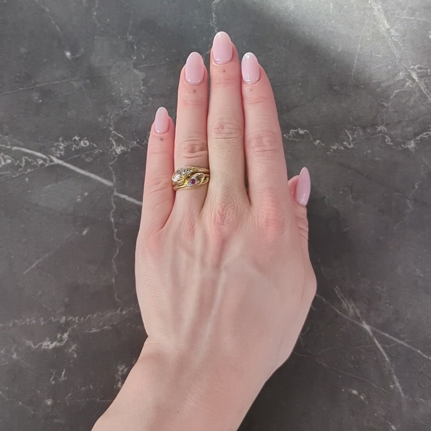 Vintage Ruby Diamond 14 Karat Two-Tone Gold Lovers Knot Unisex Snake Band Ring