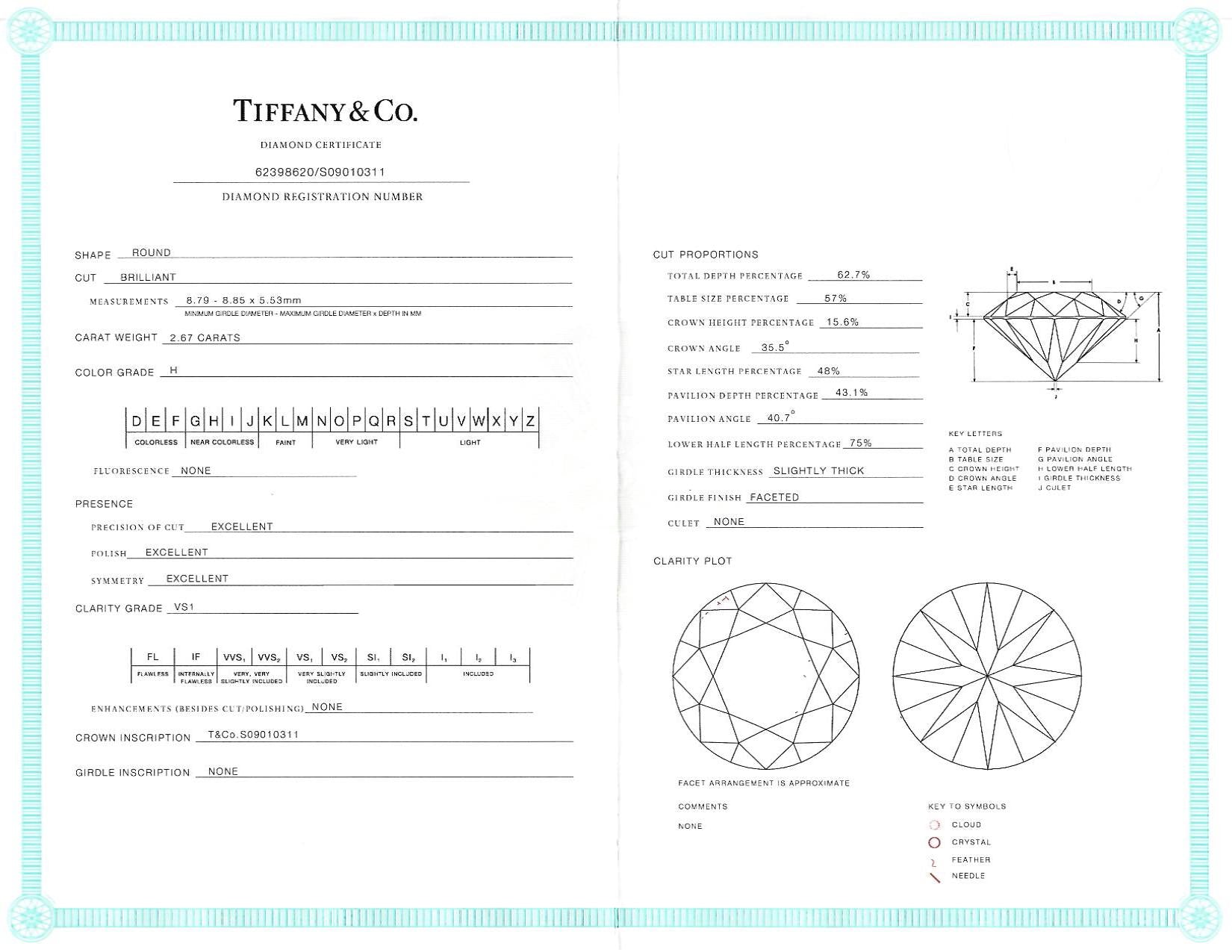 Tiffany & Co. 2.67 CTW Round Brilliant Diamond Platinum Solitaire Vintage Engagement Ring Wilson's Estate Jewelry