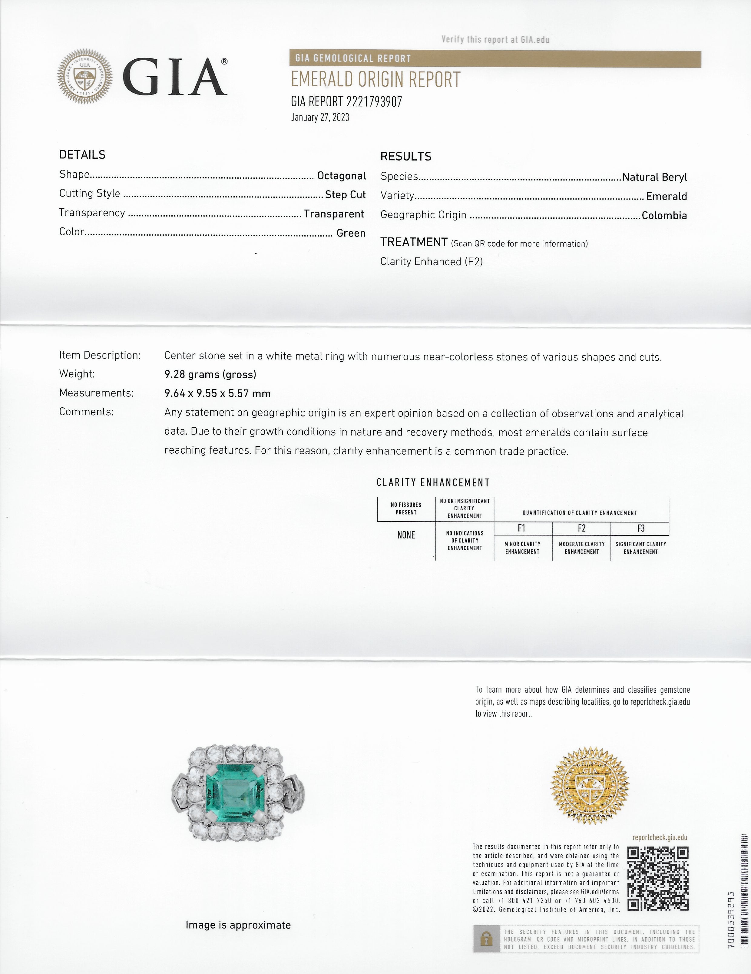Mid-Century 5.73 CTW Colombian Emerald Transitional Cut Diamond Platinum Vintage Halo Ring GIA Wilson's Estate Jewelry