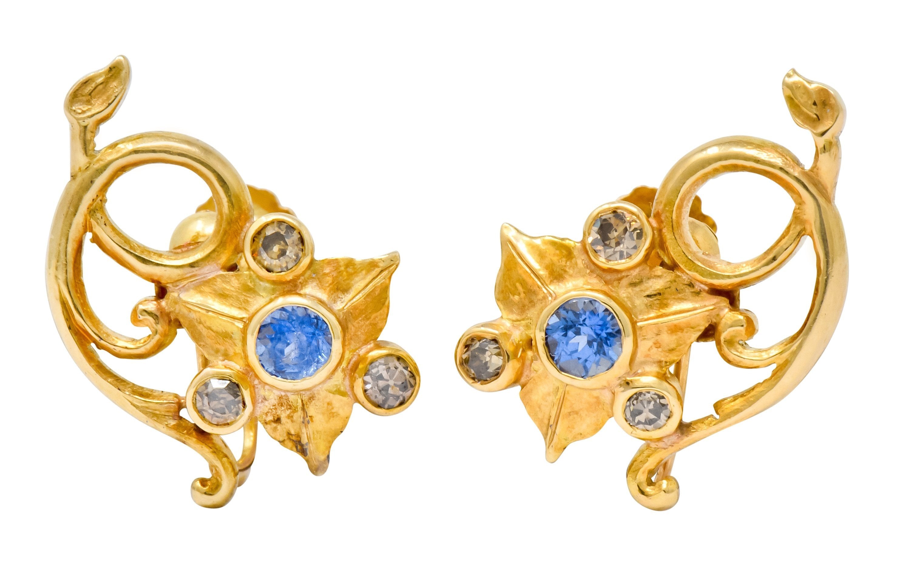 Art Nouveau Sapphire Fancy Colored Diamond 14 Karat Gold Floral Ivy Screwback Earrings - Wilson's Estate Jewelry