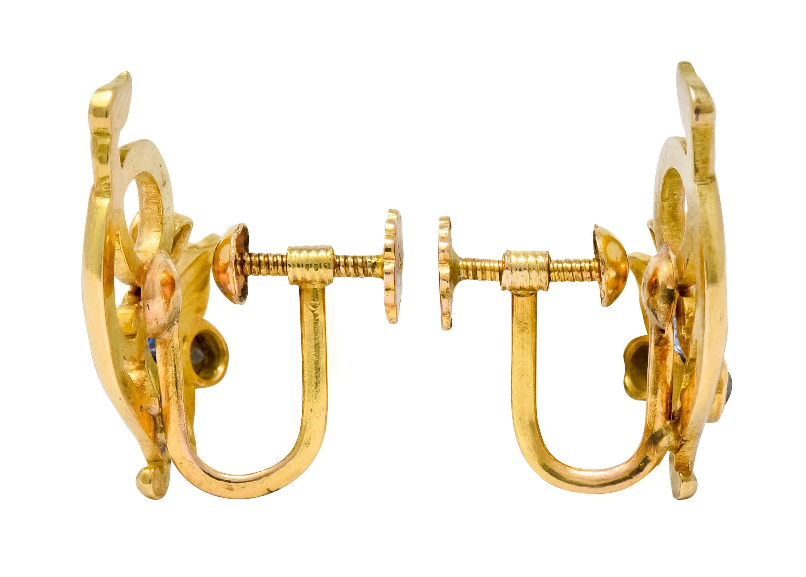 Art Nouveau Sapphire Fancy Colored Diamond 14 Karat Gold Floral Ivy Screwback Earrings - Wilson's Estate Jewelry