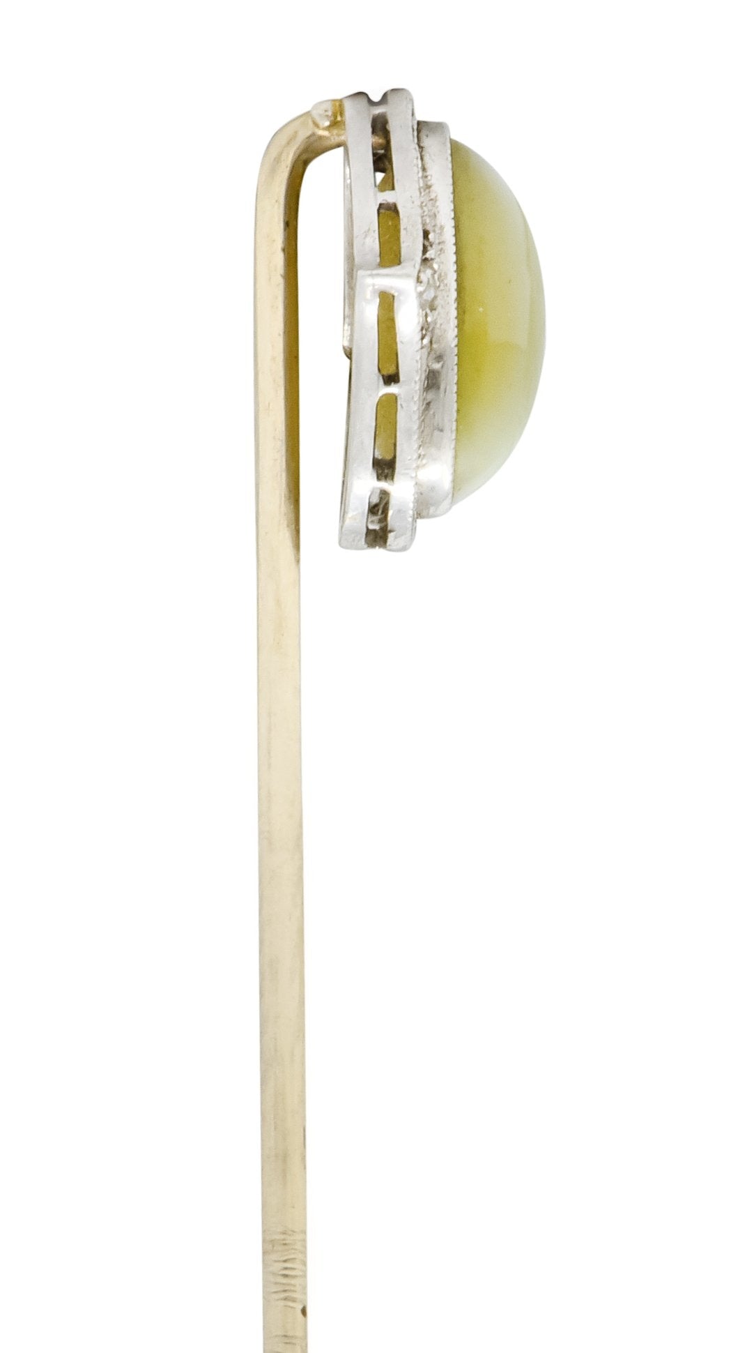 Edwardian Cat's Eye Chrysoberyl Diamond Platinum 14 Karat Gold Cabochon Stickpin - Wilson's Estate Jewelry
