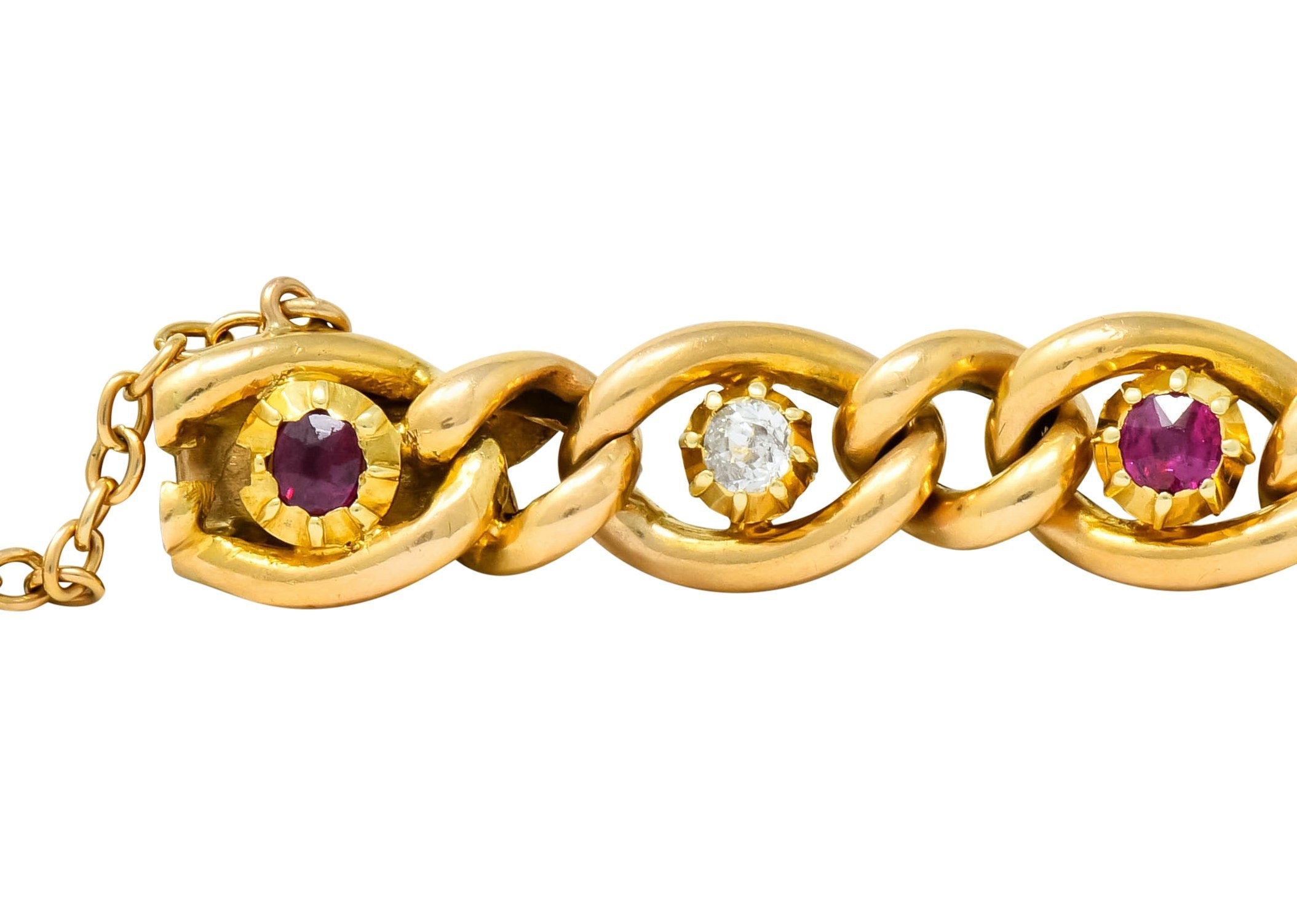 1890s Victorian 1.52 CTW Ruby Diamond 15 Karat Gold Link Bracelet - Wilson's Estate Jewelry