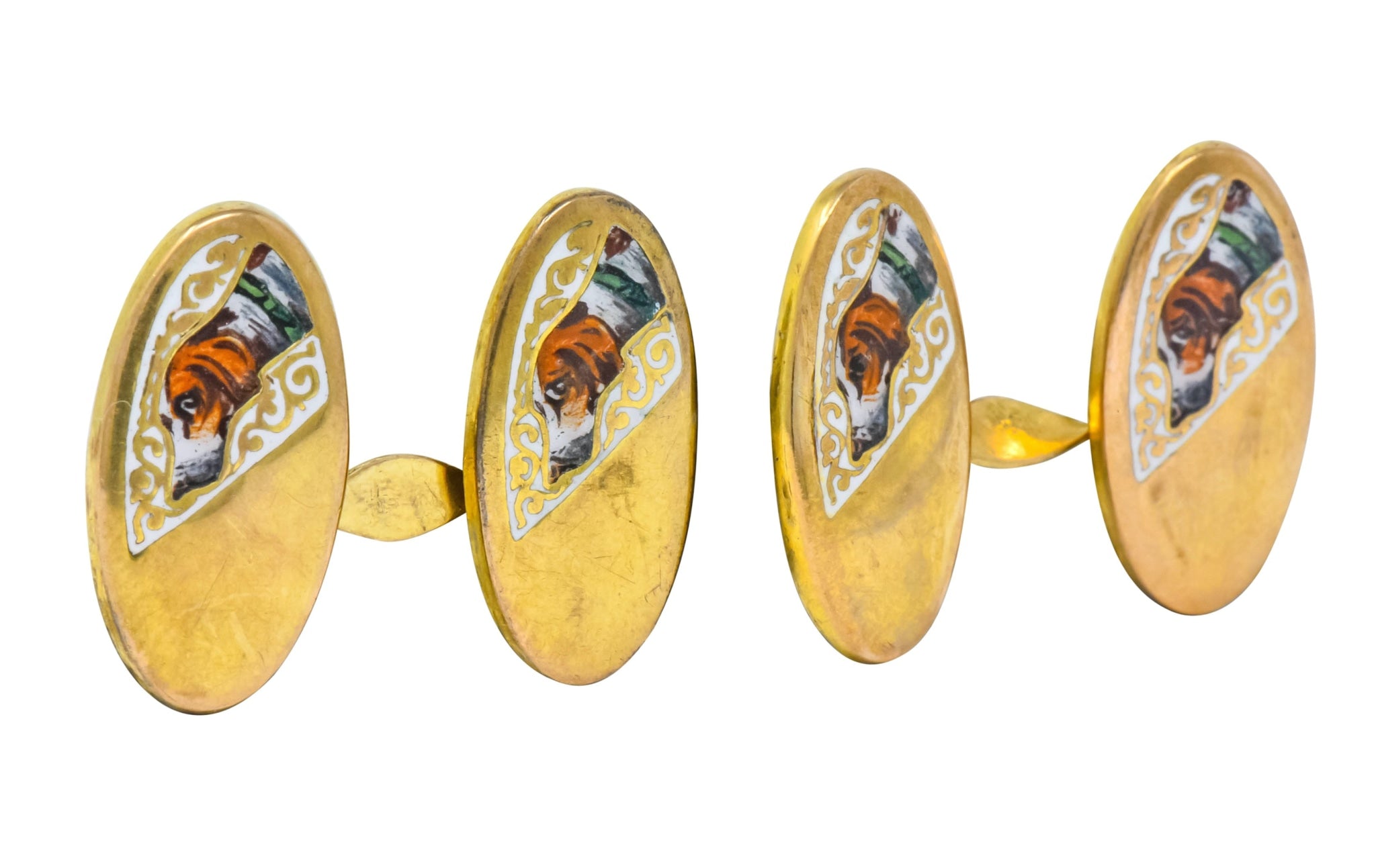 1890's Victorian Enamel 10 Karat Gold Beagle Dog Men's Cufflinks - Wilson's Estate Jewelry