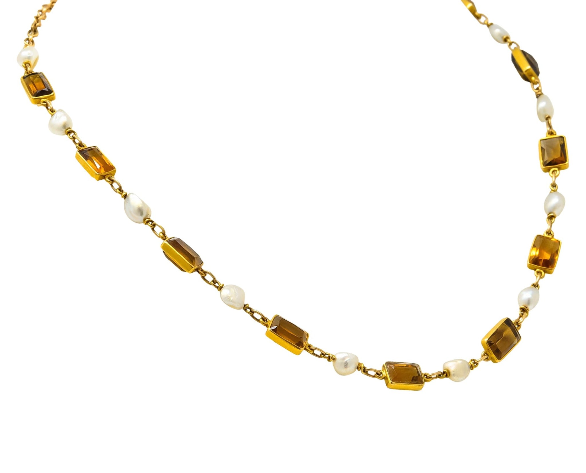 1905 Art Nouveau Citrine Pearl 14 Karat Gold Link Necklace - Wilson's Estate Jewelry