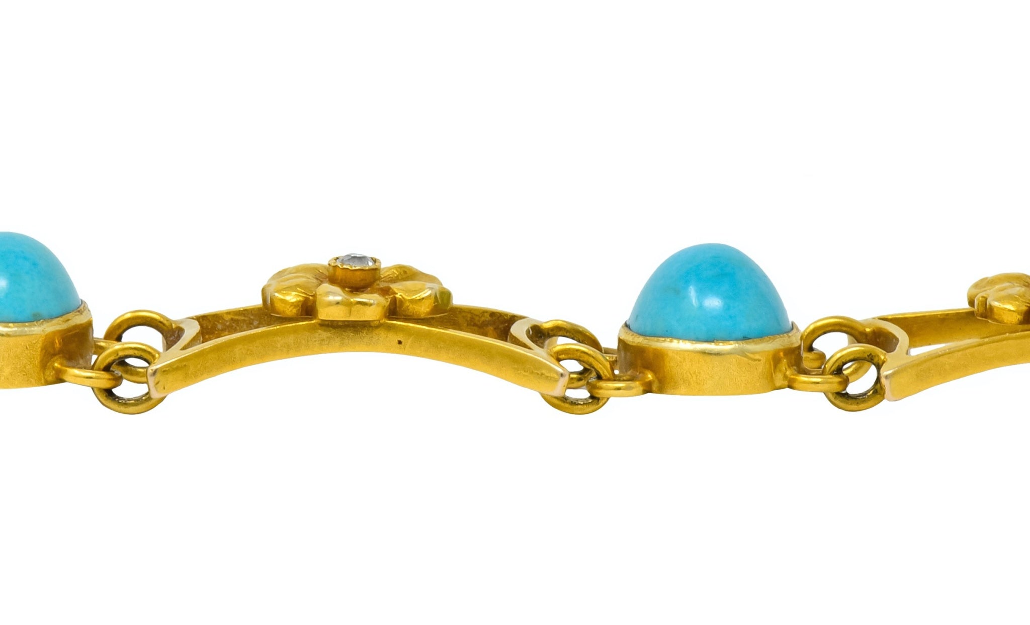 1905 Victorian Turquoise Diamond 14 Karat Yellow Gold Floral Link Bracelet - Wilson's Estate Jewelry