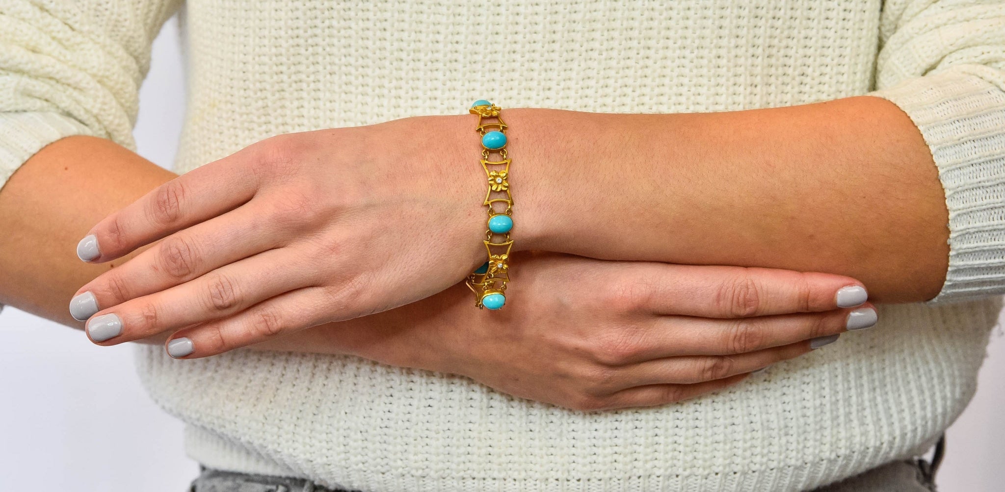 1905 Victorian Turquoise Diamond 14 Karat Yellow Gold Floral Link Bracelet - Wilson's Estate Jewelry